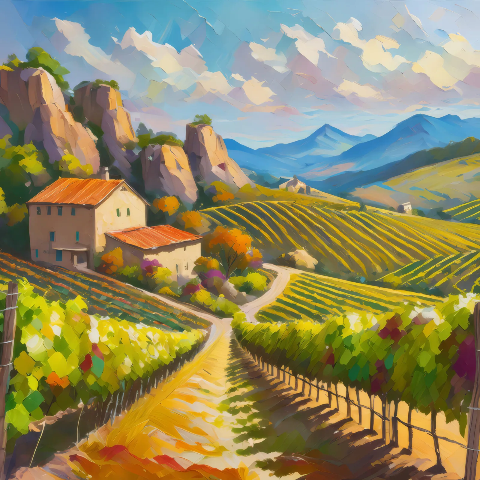Crag Winery Vineyard, a palette-knife oil landscape by Emma Mickelberg