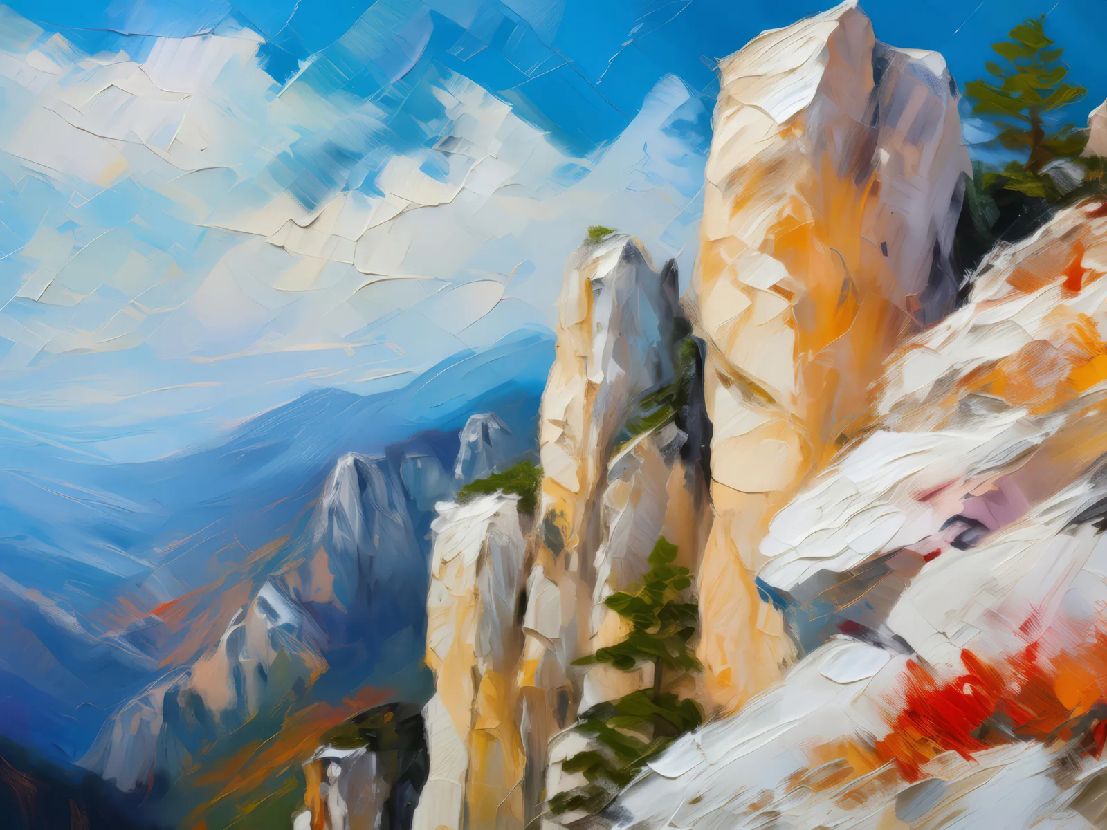 Craggy Chronicles of Nature's Lore, a palette-knife oil landscape by Emma Mickelberg