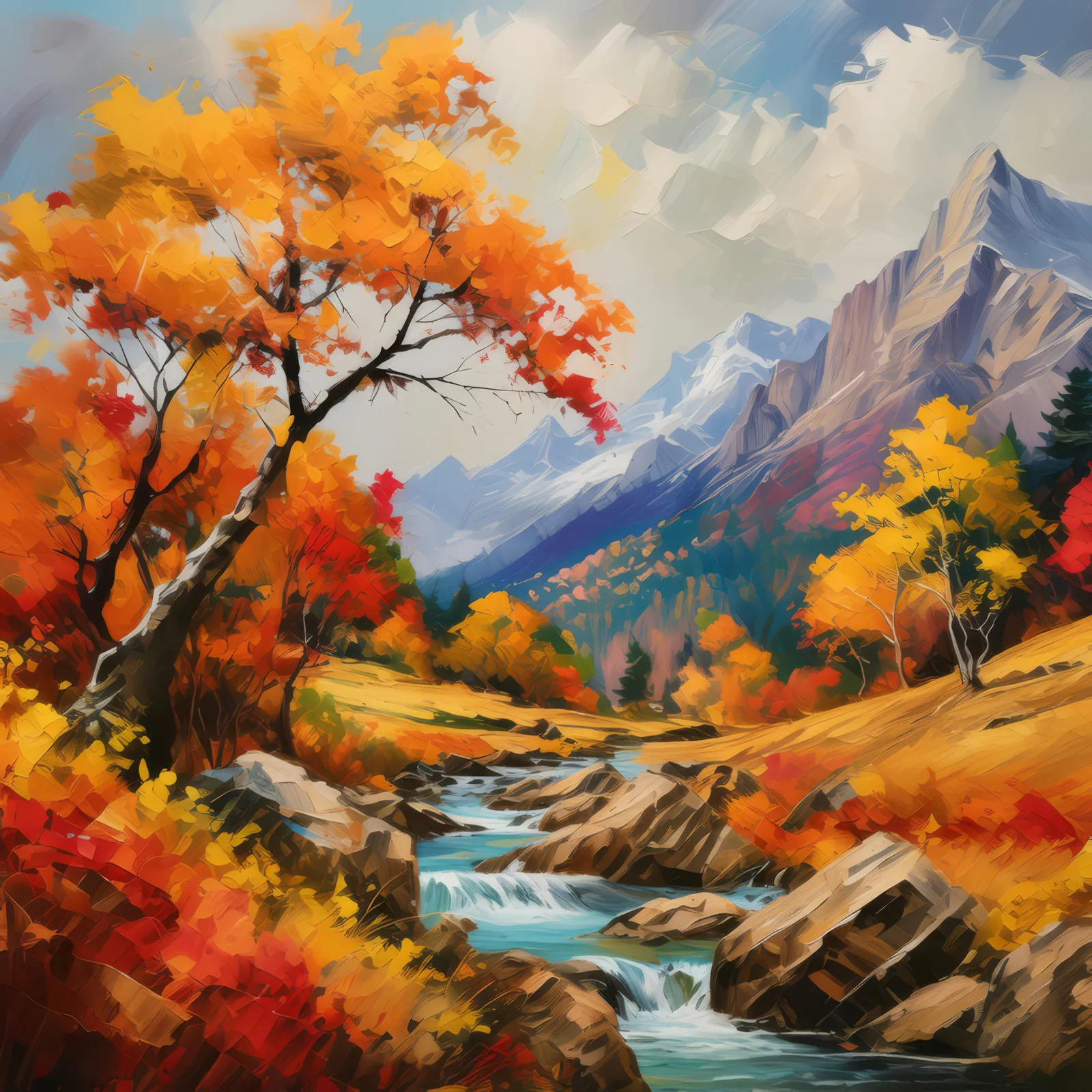 Craggy Kaleidoscope of Autumn's Embrace, a palette-knife oil landscape by Emma Mickelberg