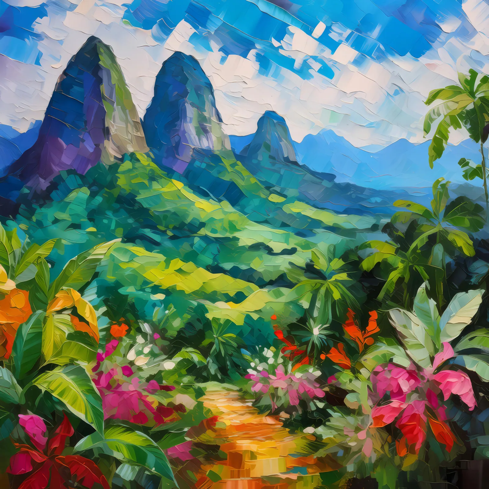 Craggy Peaks and Lush Valleys, a palette-knife oil landscape by Emma Mickelberg