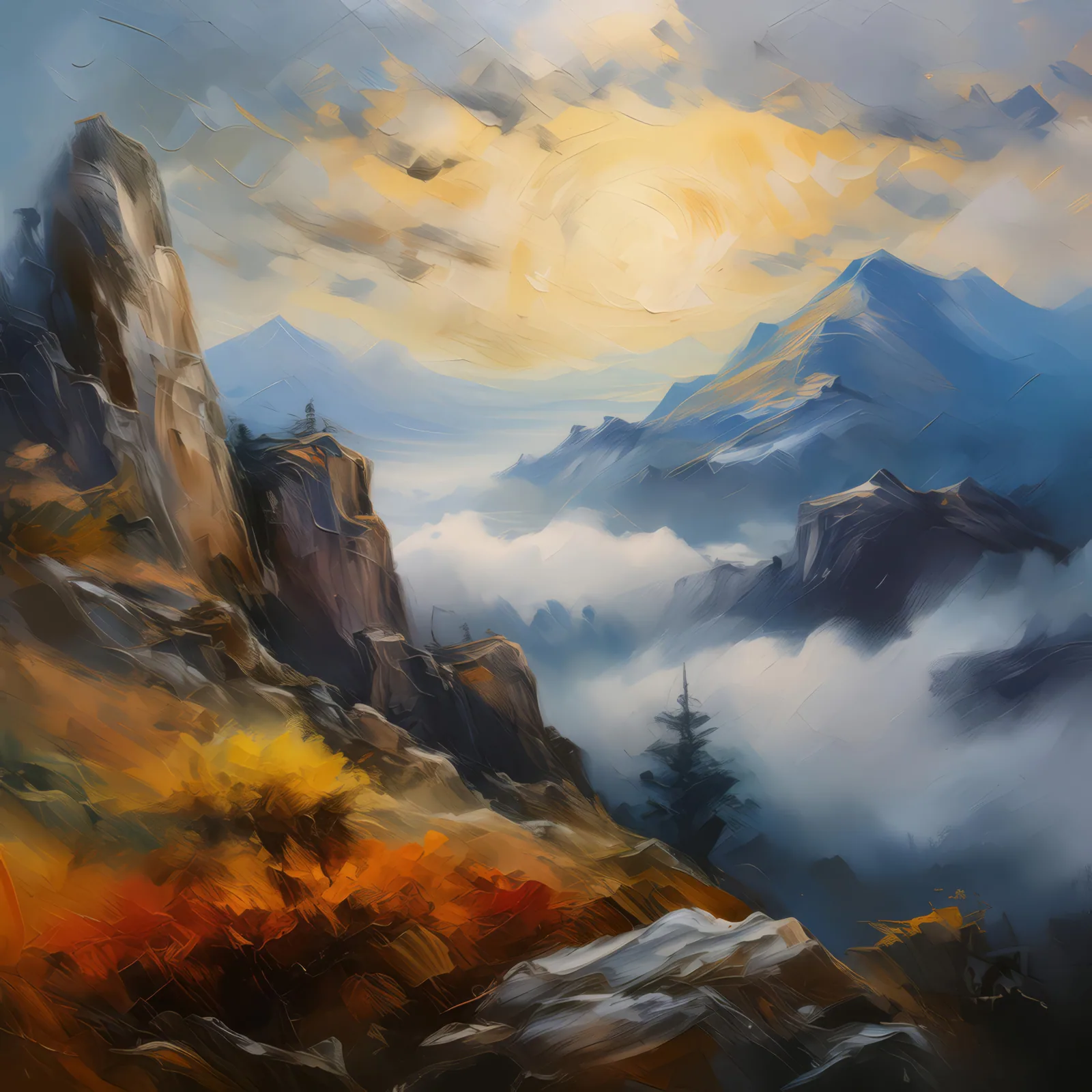 Crag's Misty Melancholy, a palette-knife oil landscape by Emma Mickelberg