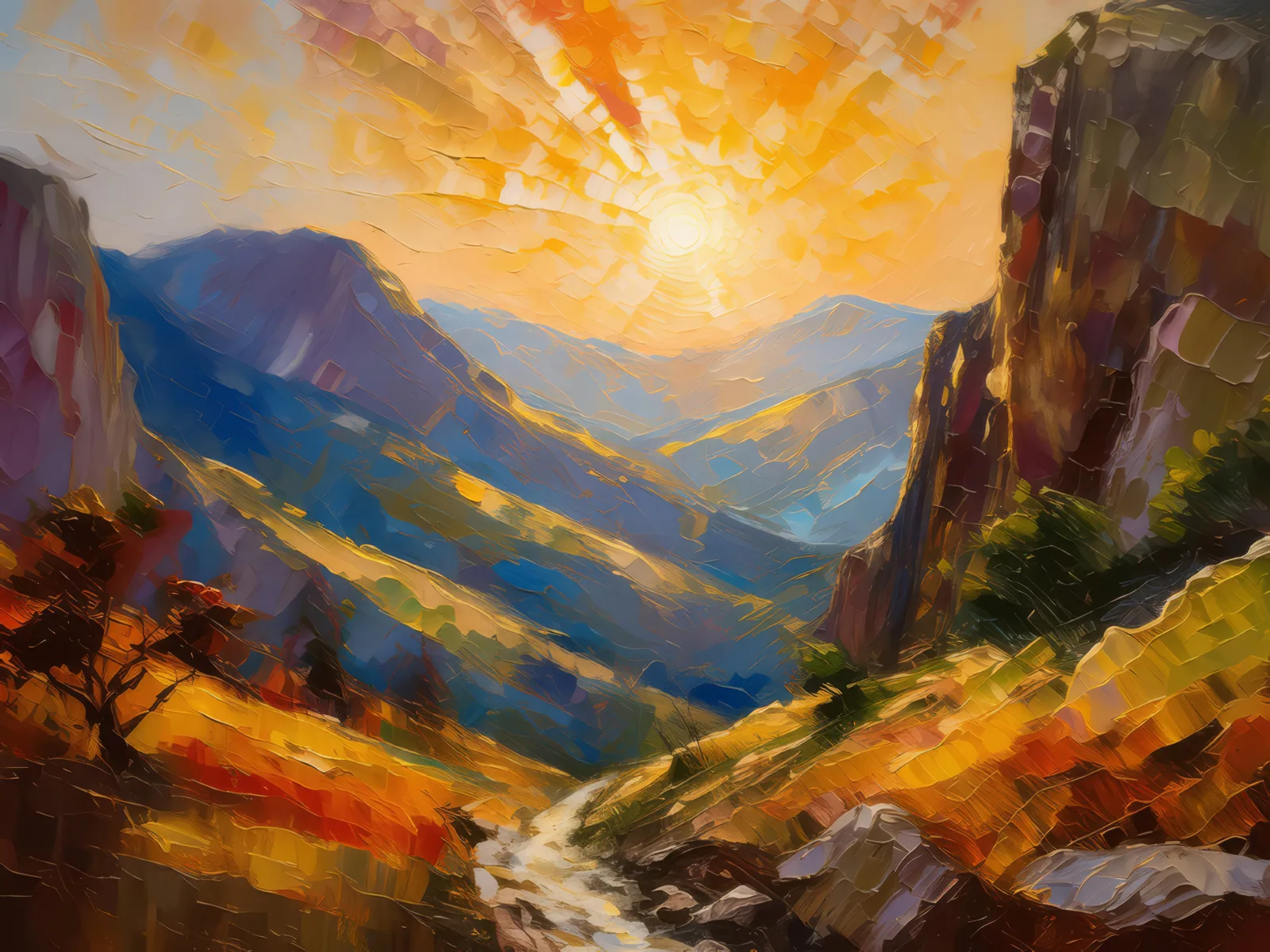 Crepuscular Crag Concerto, a palette-knife oil landscape by Emma Mickelberg