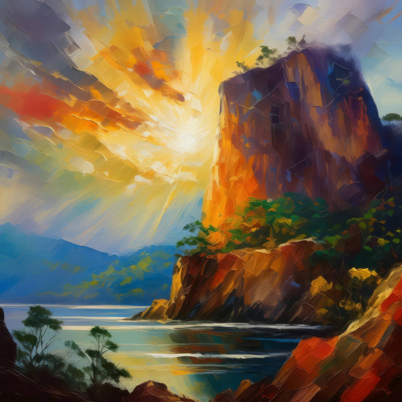 Crepuscular Crag Crescendo, a palette-knife oil landscape by Emma Mickelberg