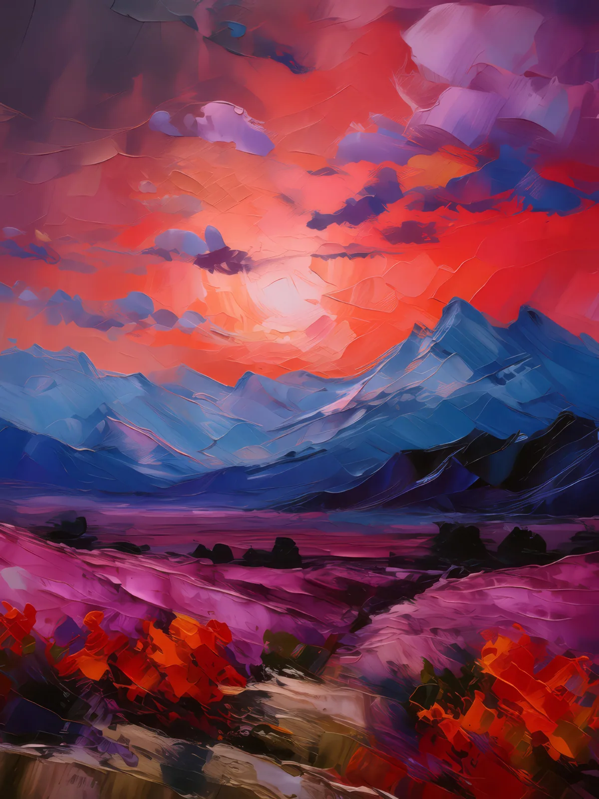 Crimson Sky Alpine Desert, a palette-knife oil landscape by Emma Mickelberg