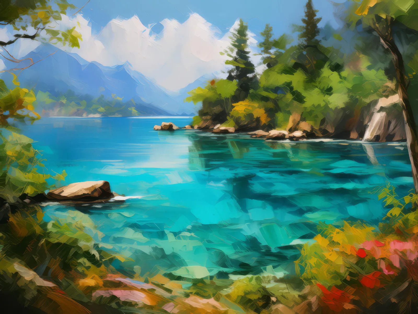 Crystal Blue Lagoon, a palette-knife oil landscape by Emma Mickelberg