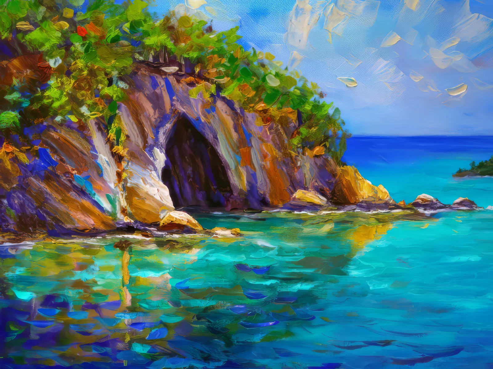 Crystal Cave Island, a palette-knife oil landscape by Emma Mickelberg
