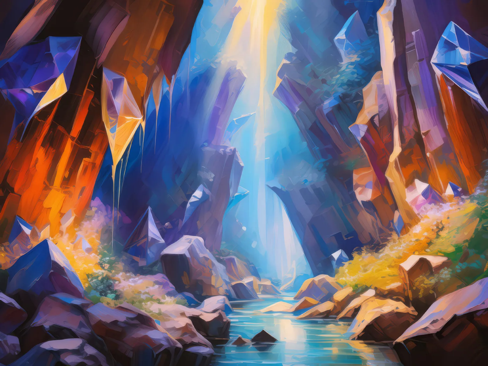 Crystal Cavern Chasm, a palette-knife oil landscape by Emma Mickelberg