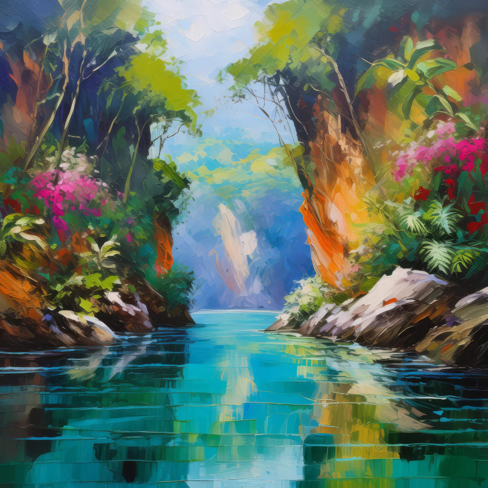 Crystal Clear Chasm, a palette-knife oil landscape by Emma Mickelberg