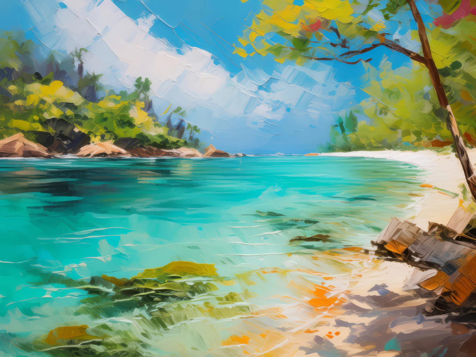 Crystal Clear Lagoon, a palette-knife oil landscape by Emma Mickelberg
