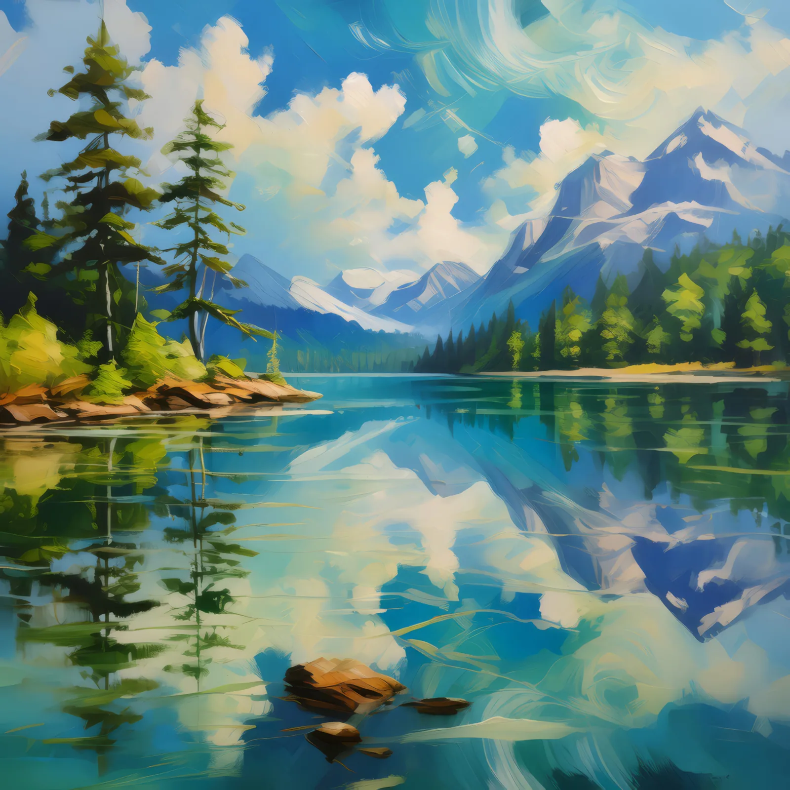 Crystal Clear Lake, a palette-knife oil landscape by Emma Mickelberg