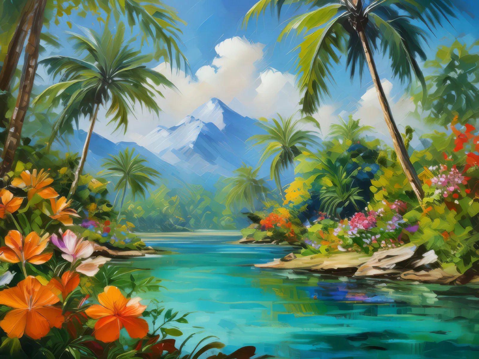 Crystal Clear Oasis, a palette-knife oil landscape by Emma Mickelberg