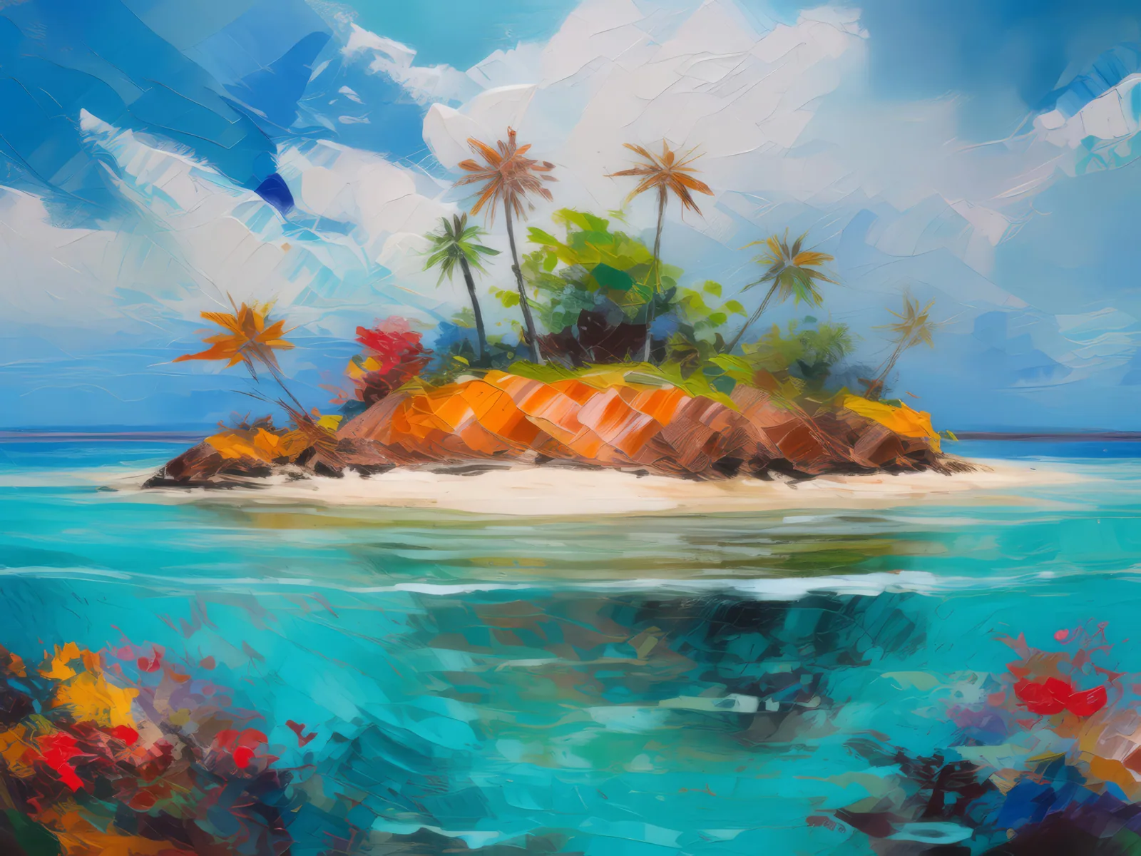 Crystal Lagoon Island, a palette-knife oil landscape by Emma Mickelberg