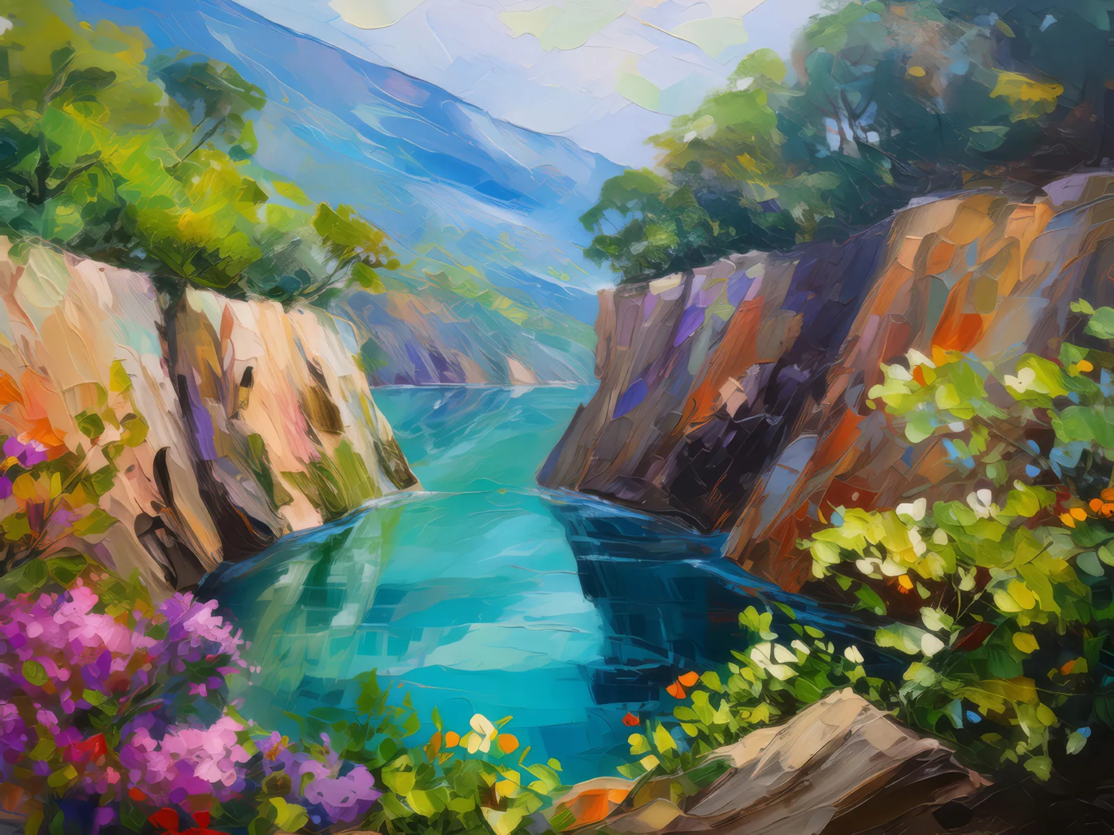 Crystal Lake Chasm, a palette-knife oil landscape by Emma Mickelberg
