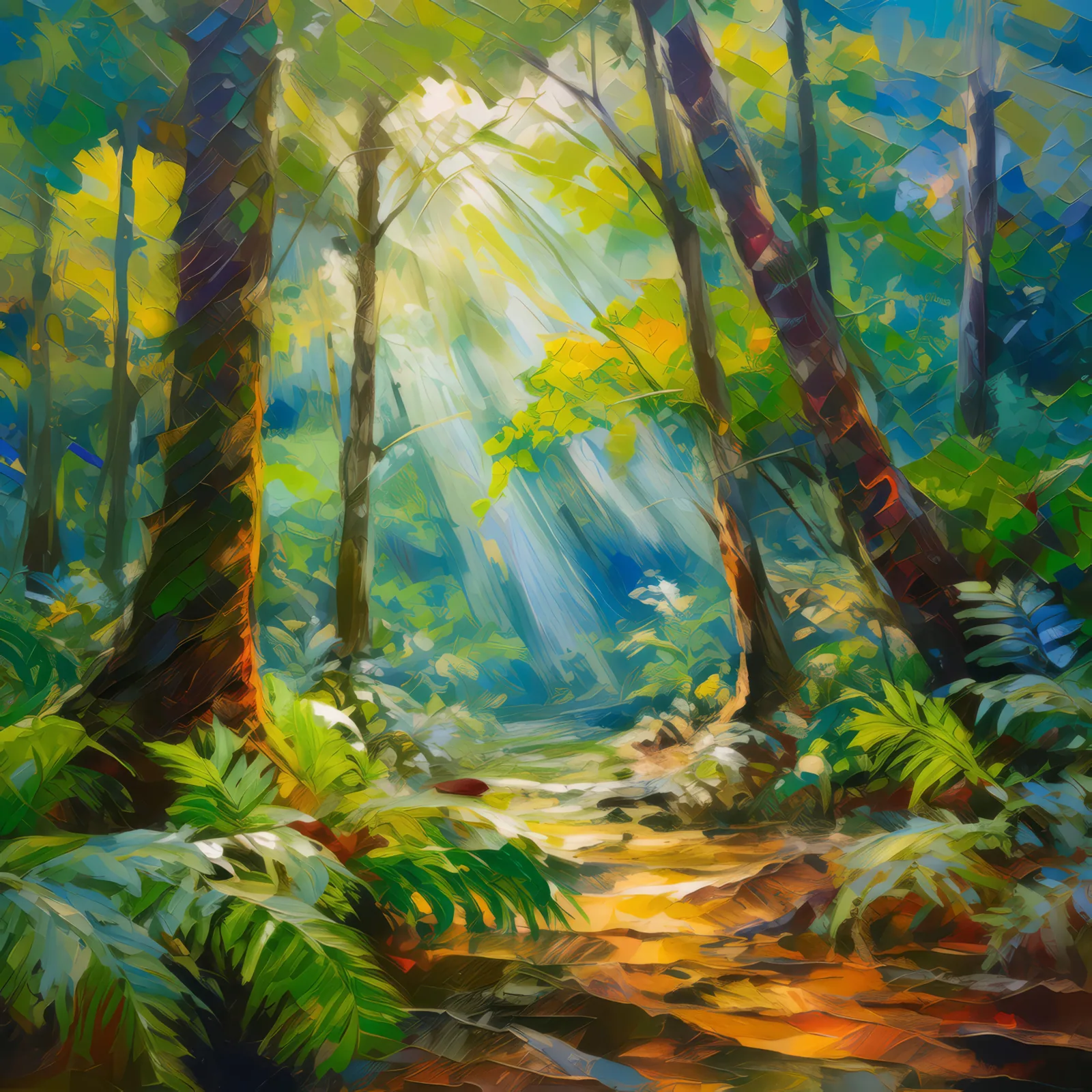 Dappled Light in Boreal Forest, a palette-knife oil landscape by Emma Mickelberg