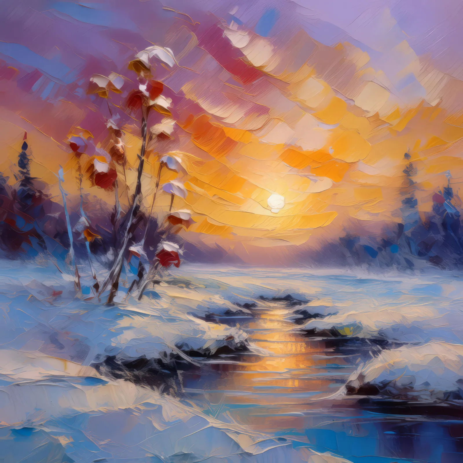 Dawn Over Icy Boreal, a palette-knife oil landscape by Emma Mickelberg