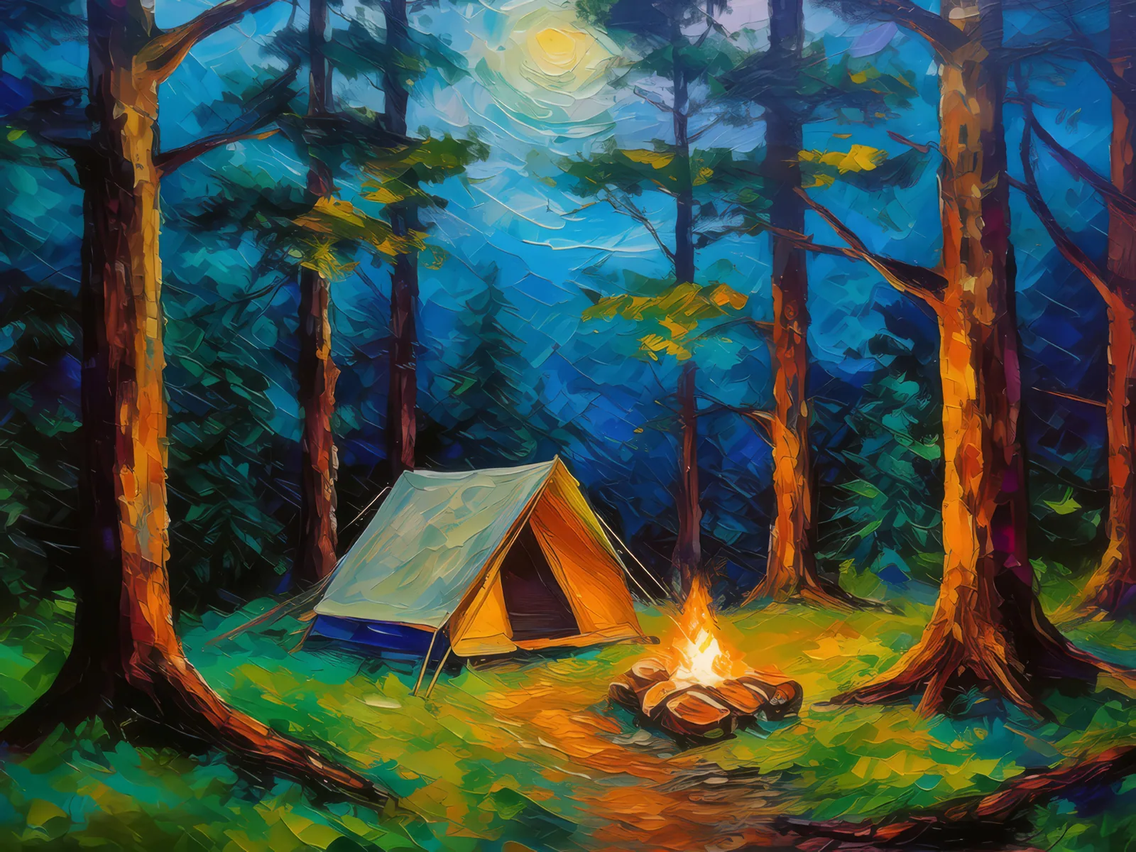 Deep Forest Campsite, a palette-knife oil landscape by Emma Mickelberg