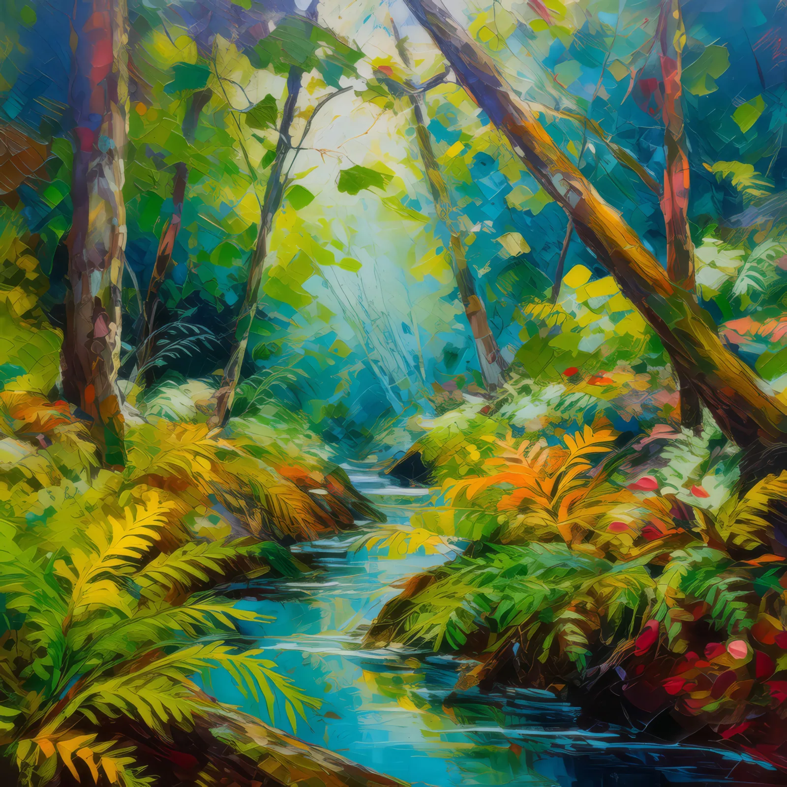Deep Forest Fern Gully, a palette-knife oil landscape by Emma Mickelberg