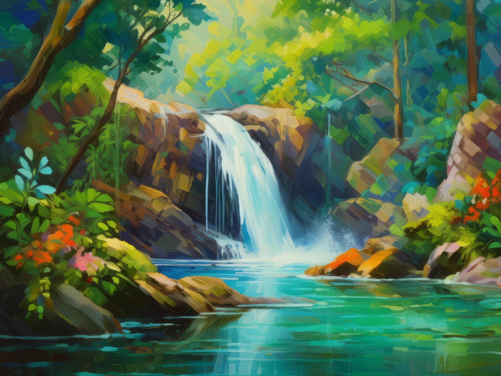 Deep Forest Waterfall, a palette-knife oil landscape by Emma Mickelberg
