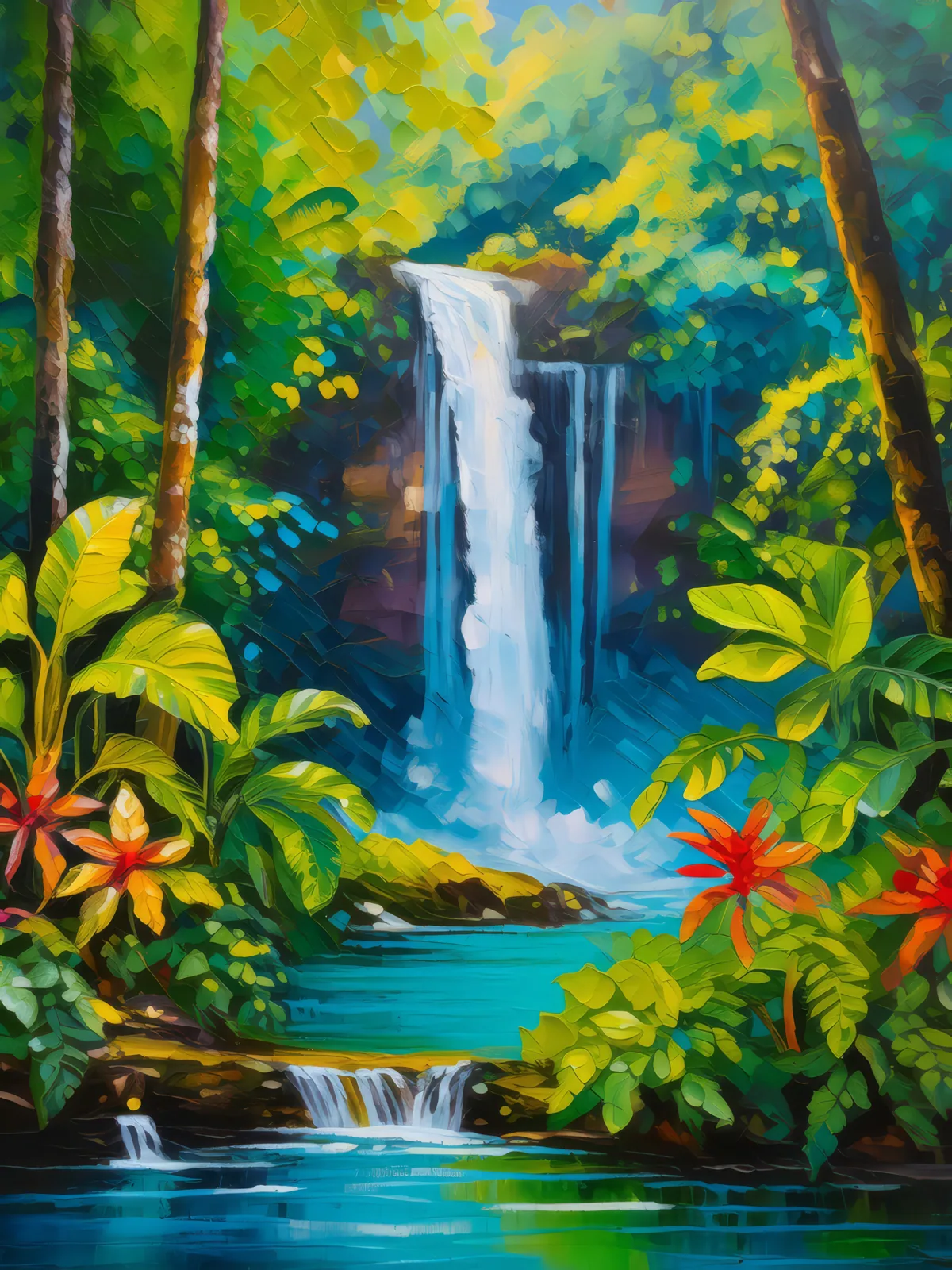 Deep Jungle Waterfall, a palette-knife oil landscape by Emma Mickelberg