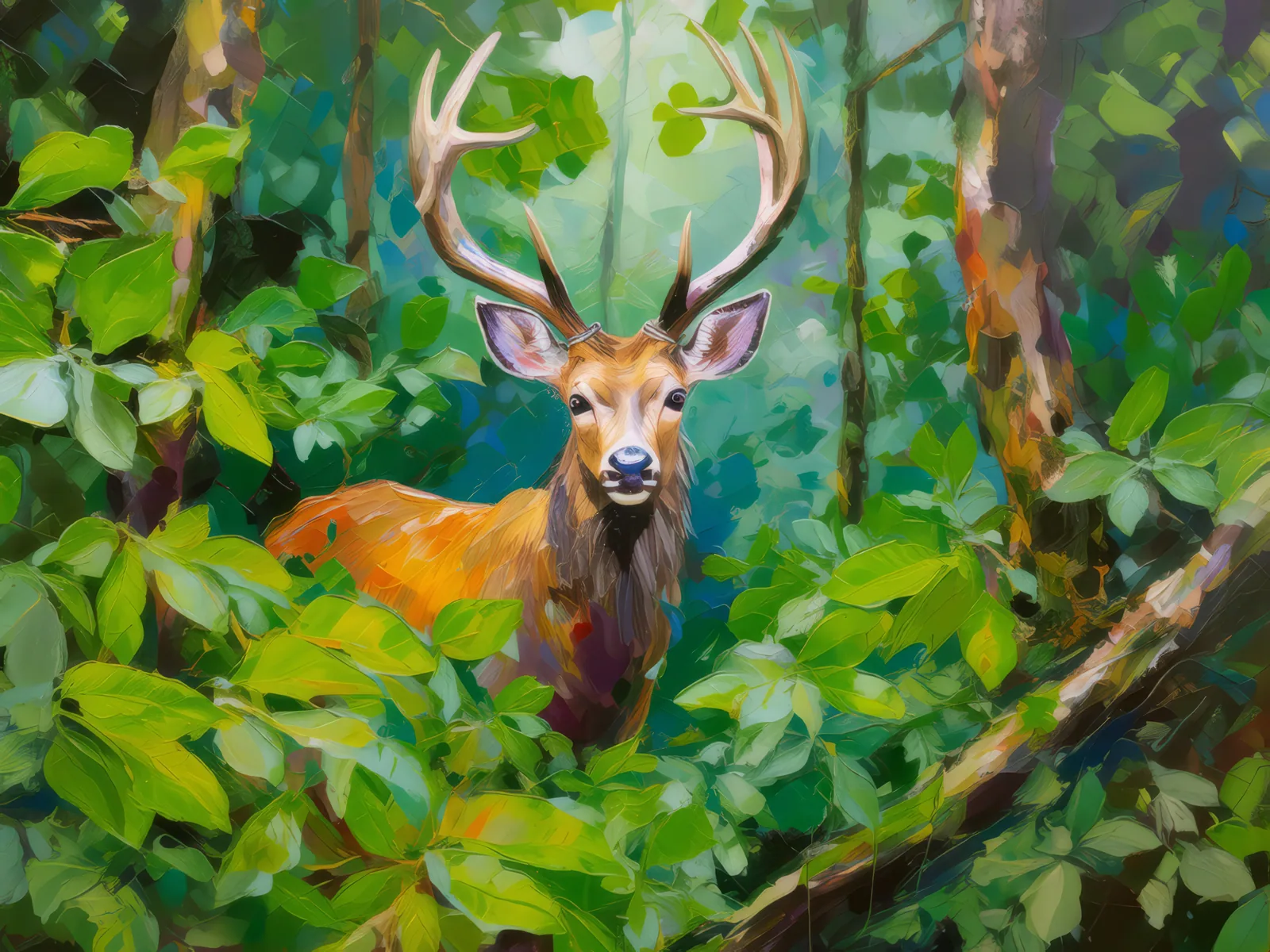 Deer Amongst Foliage, a palette-knife oil landscape by Emma Mickelberg