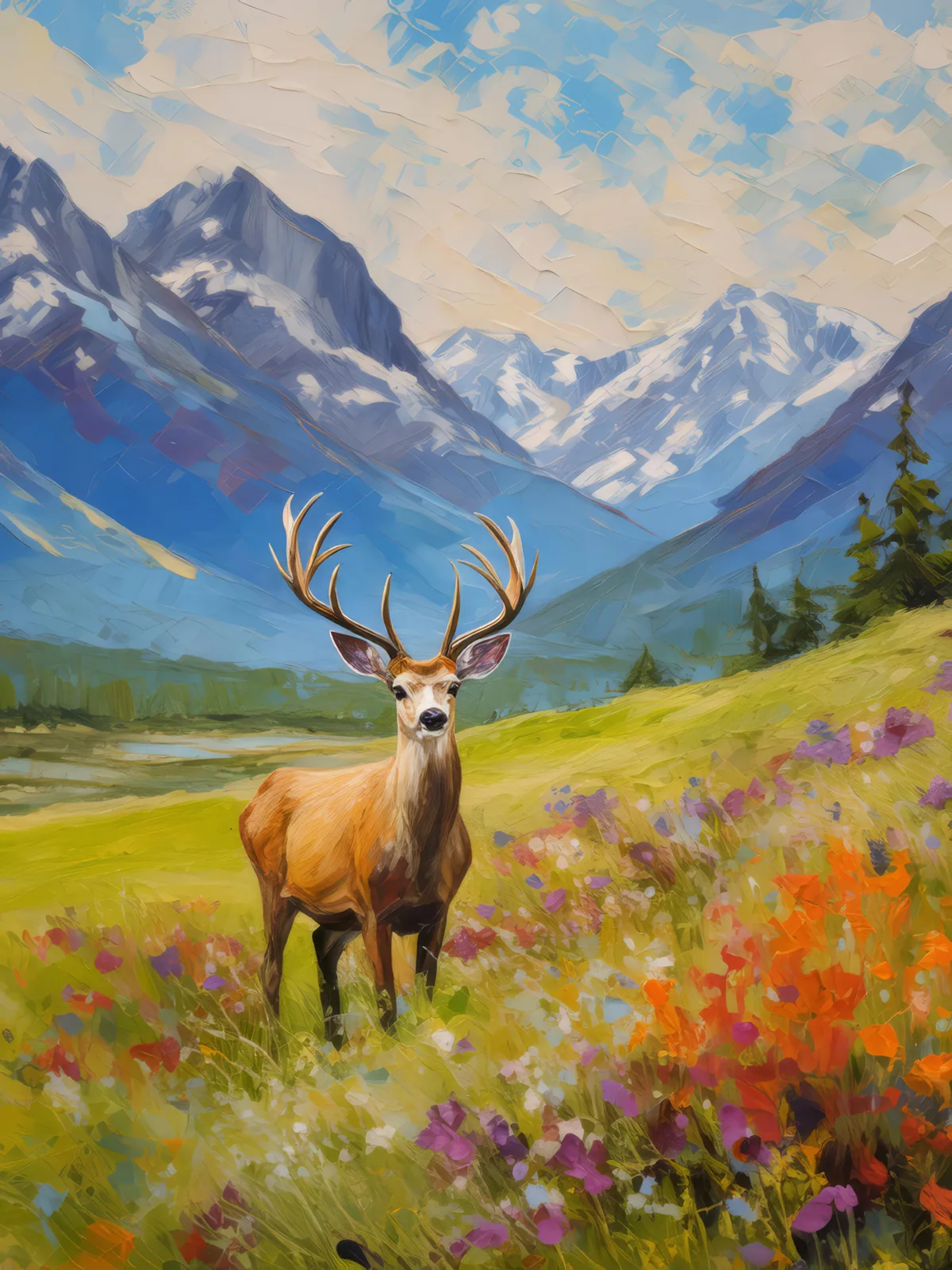 Deer in Tundra, a palette-knife oil landscape by Emma Mickelberg