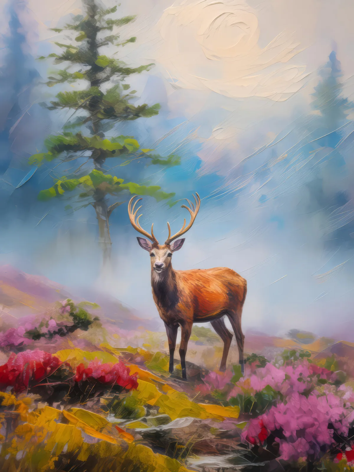 Deer on Misty Moor, a palette-knife oil landscape by Emma Mickelberg
