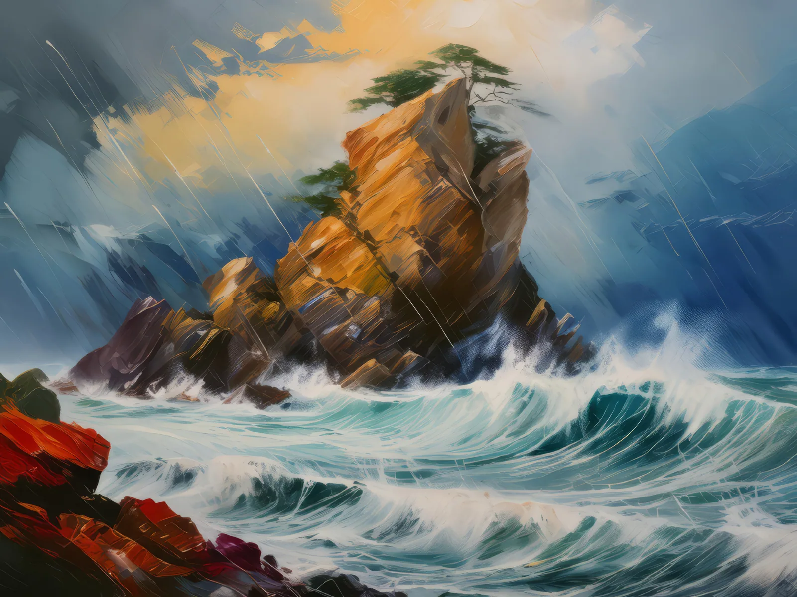 Defiant Crag Amidst Nature's Fury, a palette-knife oil landscape by Emma Mickelberg