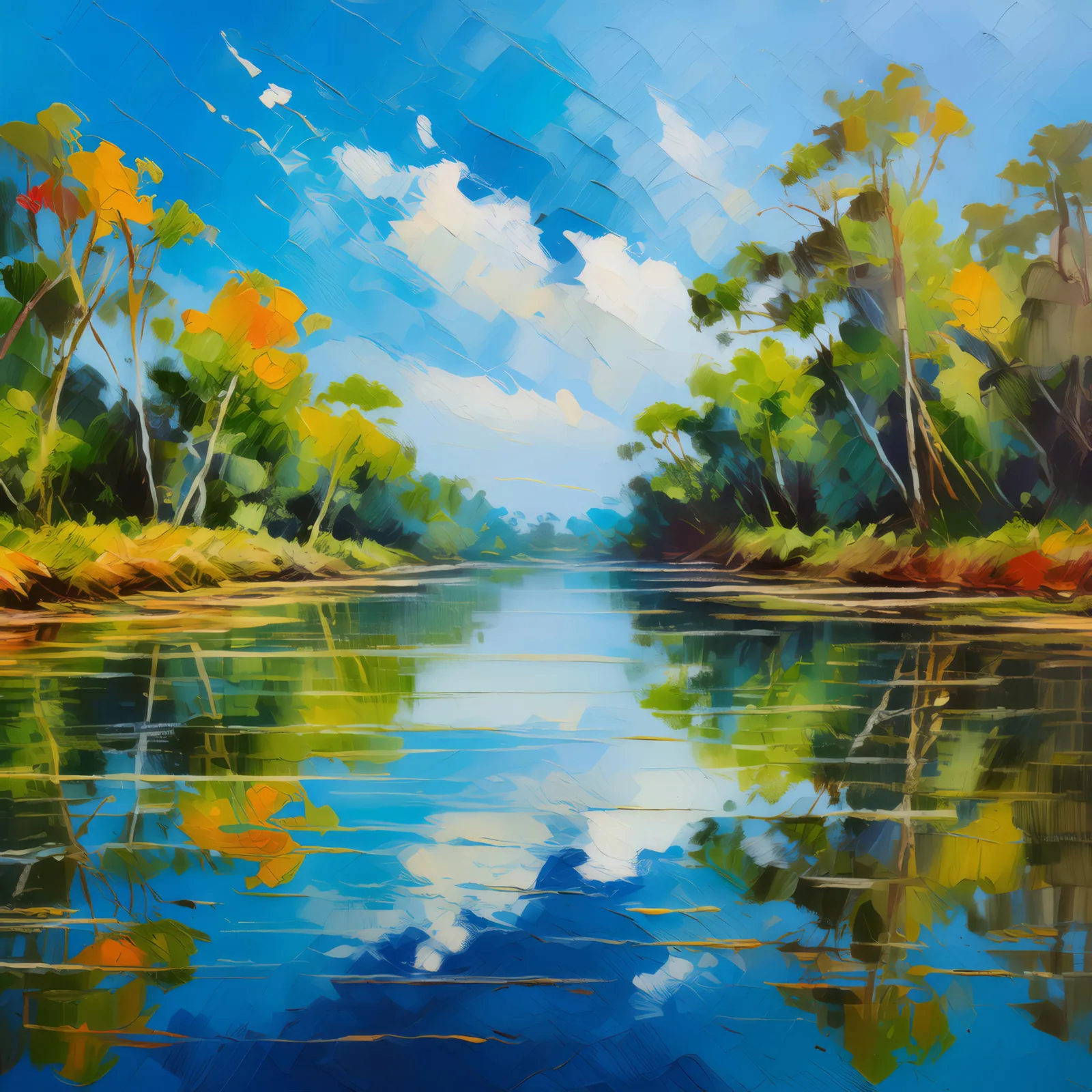 Delta River Reflections, a palette-knife oil landscape by Emma Mickelberg