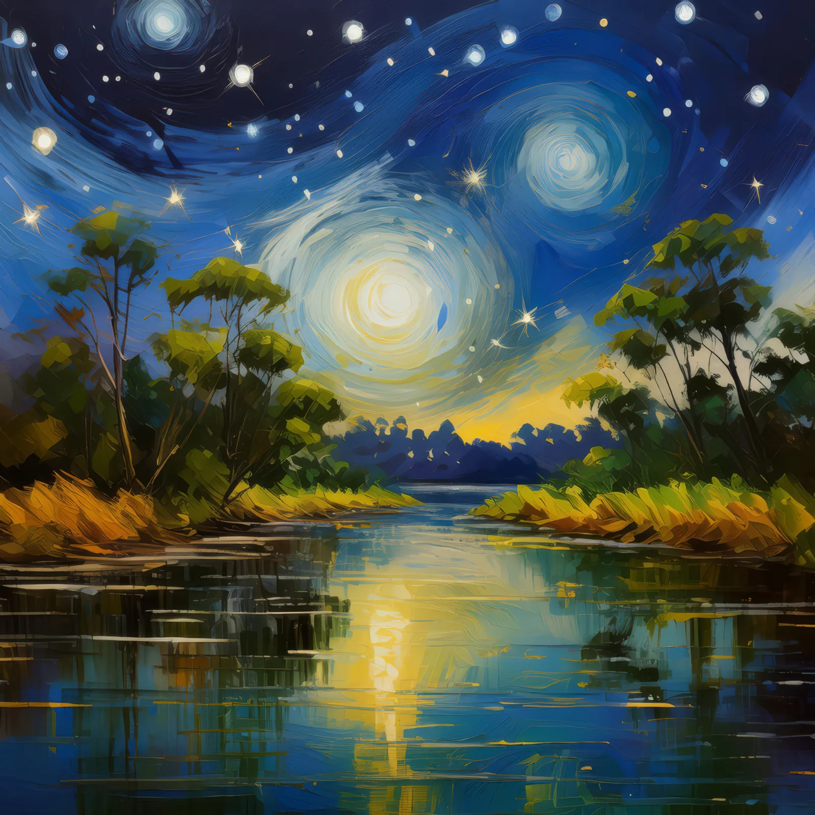 Delta Under Starlight, a palette-knife oil landscape by Emma Mickelberg