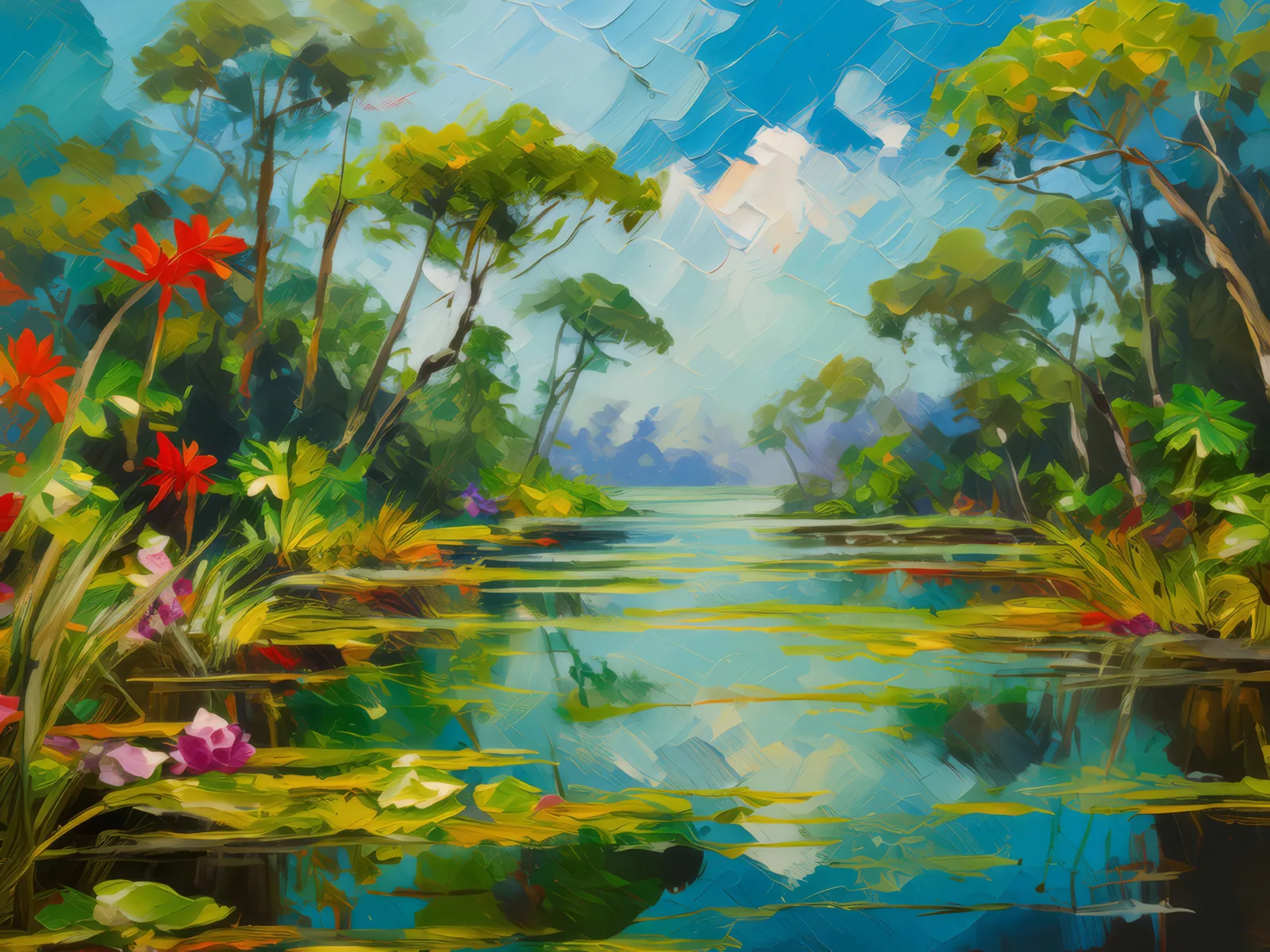 Delta's Lush Wetlands, a palette-knife oil landscape by Emma Mickelberg