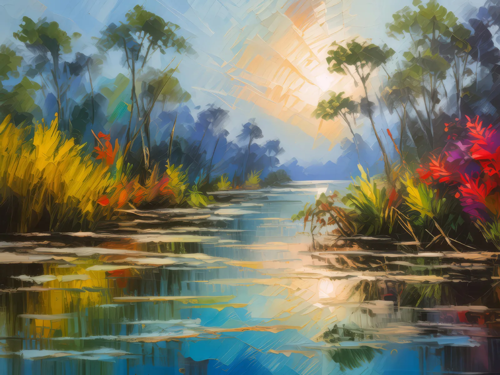 Delta's Morning Harmony, a palette-knife oil landscape by Emma Mickelberg