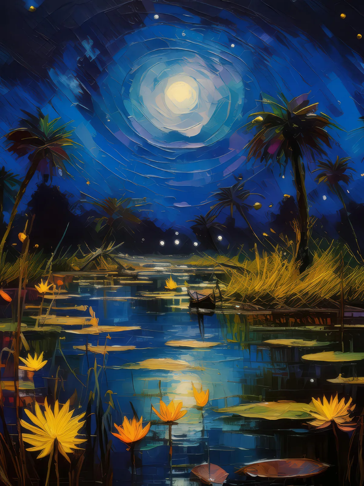 Delta's Nighttime Symphony, a palette-knife oil landscape by Emma Mickelberg