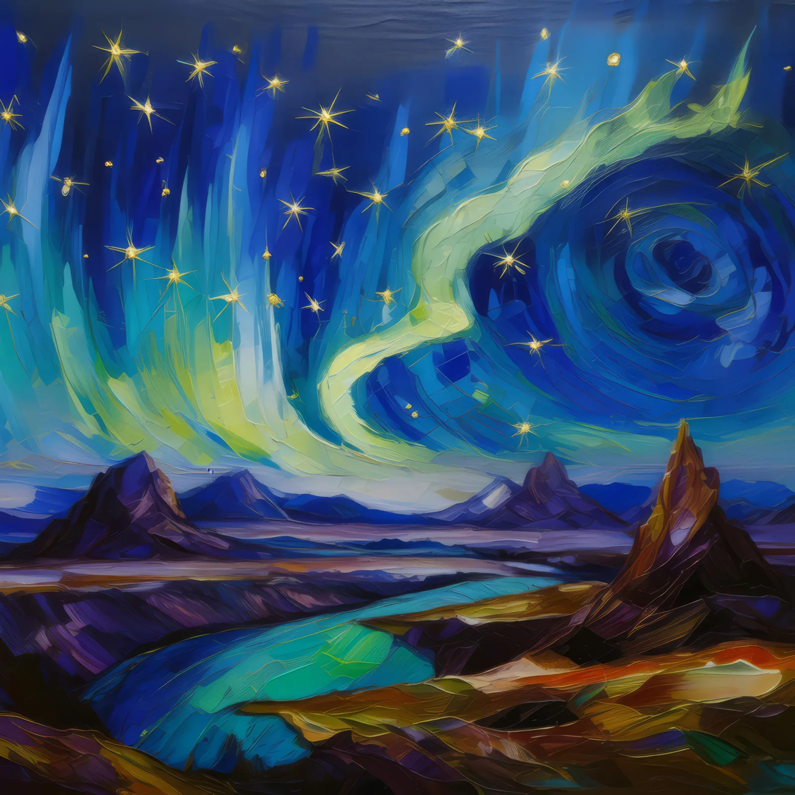 Desert Aurora Borealis, a palette-knife oil landscape by Emma Mickelberg