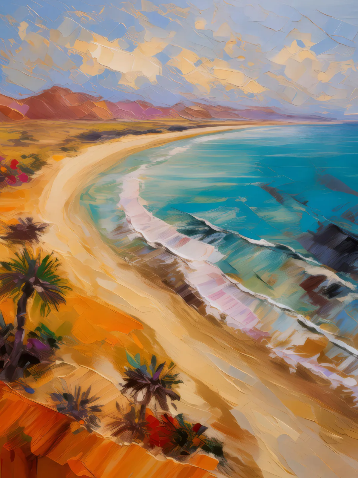 Desert Beach Aerial View, a palette-knife oil landscape by Emma Mickelberg