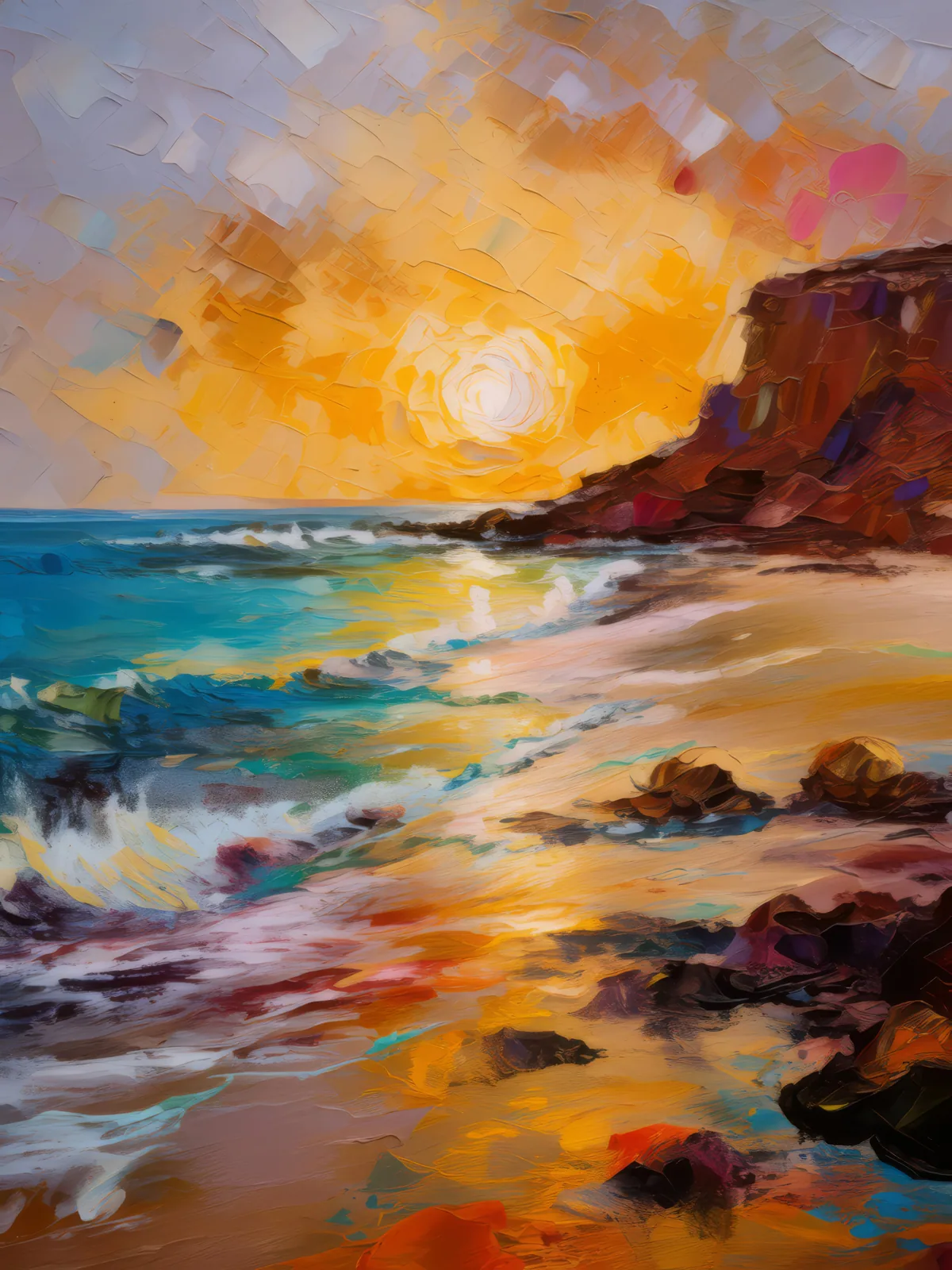 Desert Beach Sunset, a palette-knife oil landscape by Emma Mickelberg