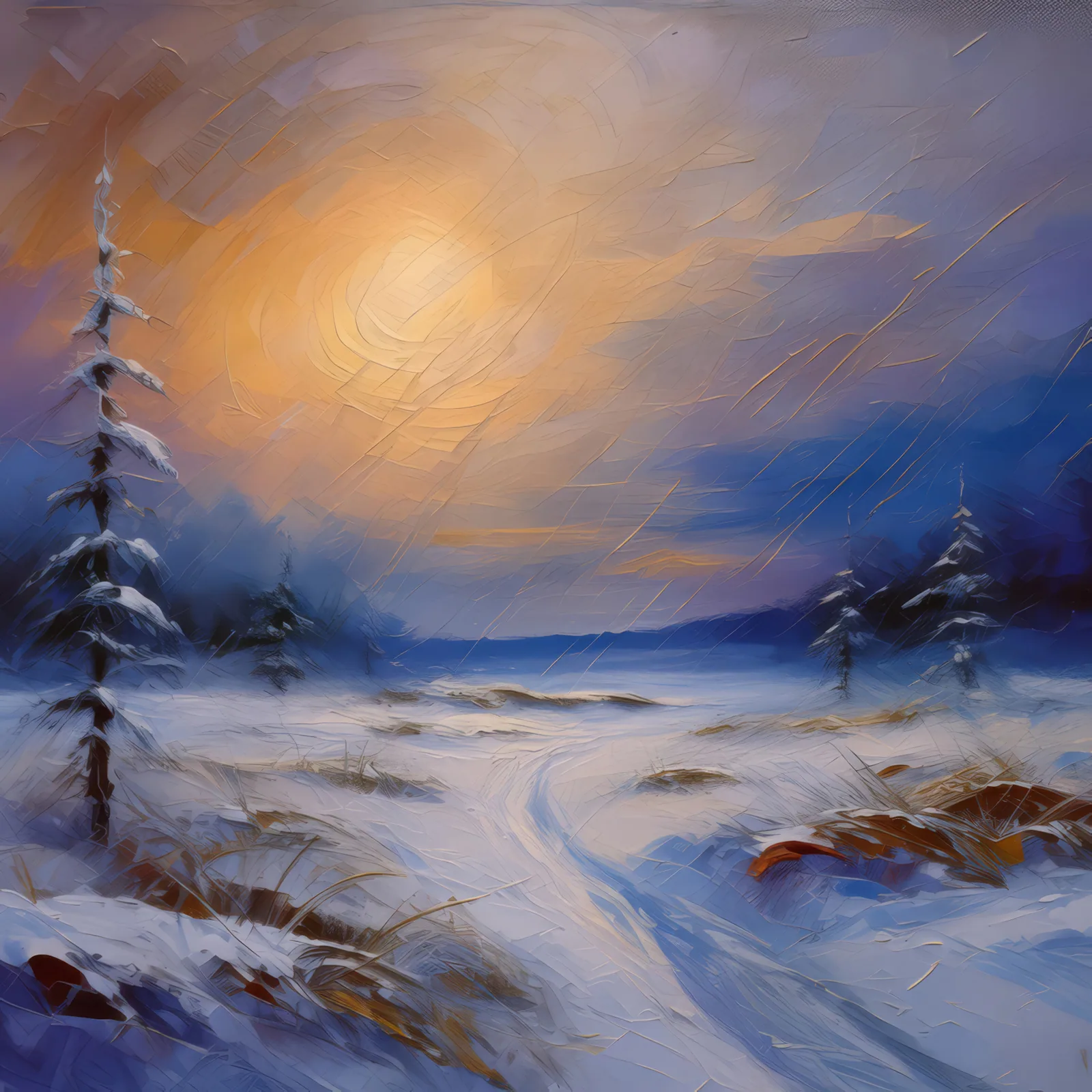 Desert Blizzard at Dusk, a palette-knife oil landscape by Emma Mickelberg