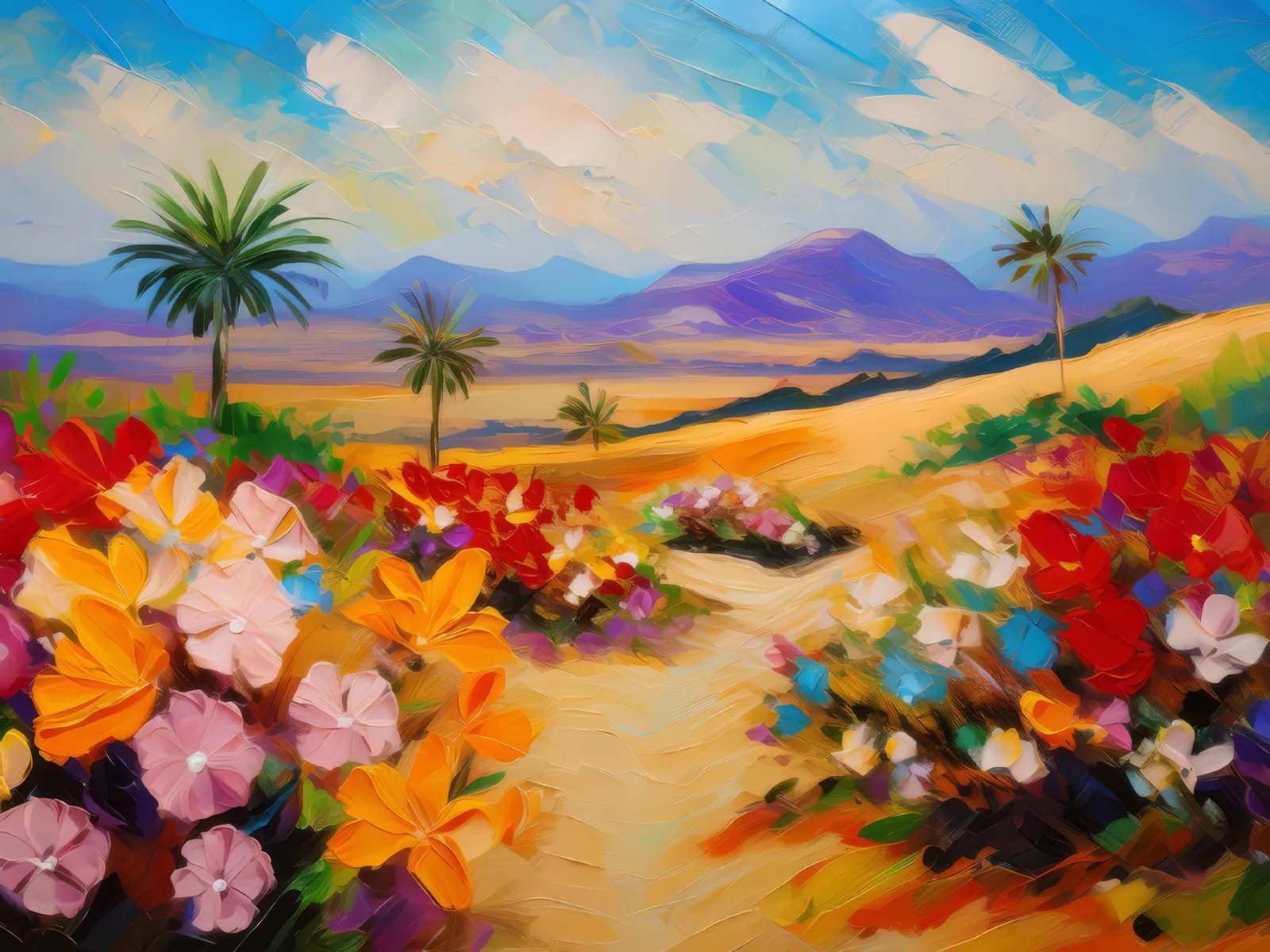 Desert Blooming Flowers, a palette-knife oil landscape by Emma Mickelberg