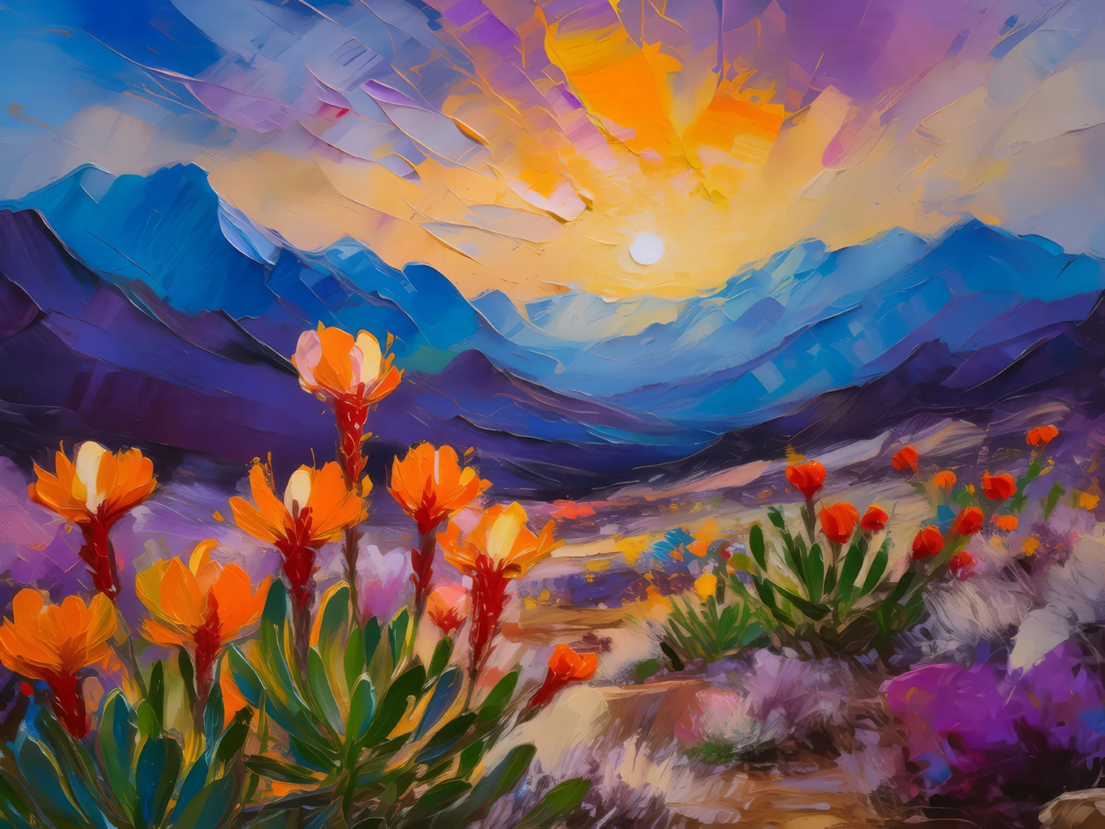 Desert Blooms at Dusk, a palette-knife oil landscape by Emma Mickelberg