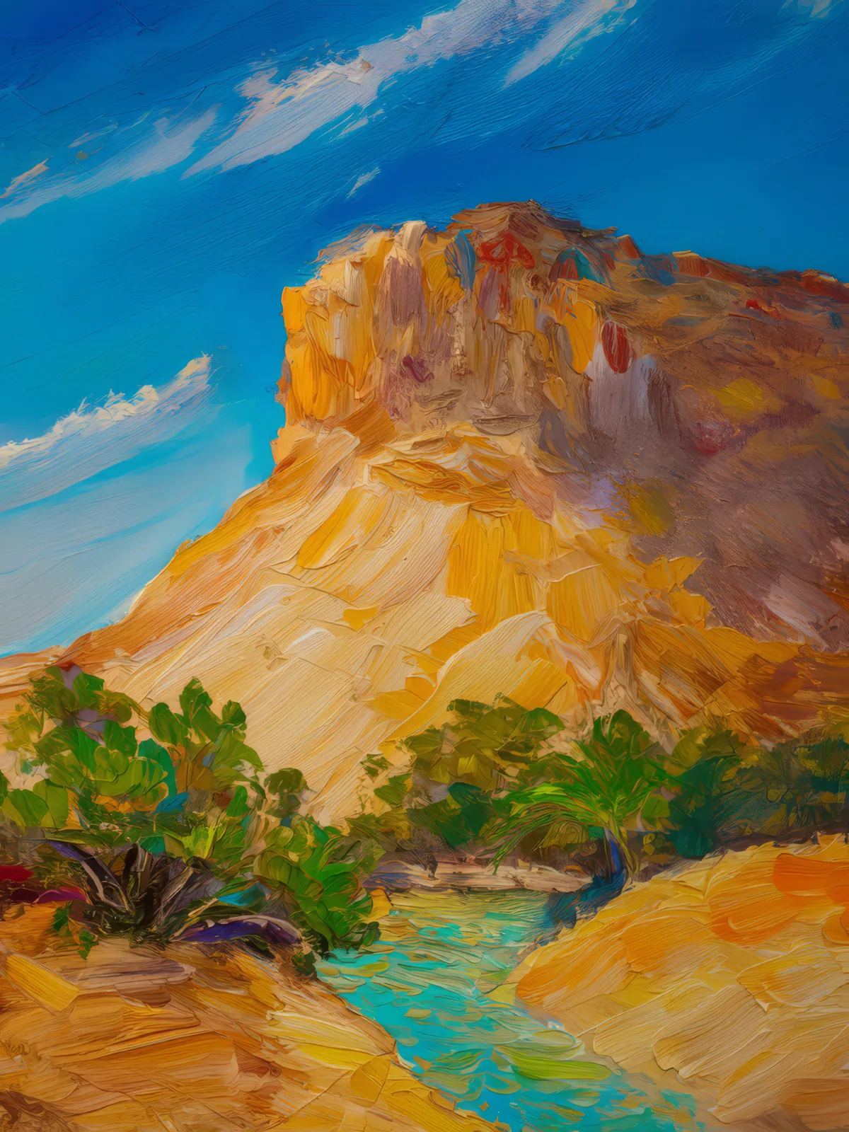Desert Bluff Oasis, a palette-knife oil landscape by Emma Mickelberg