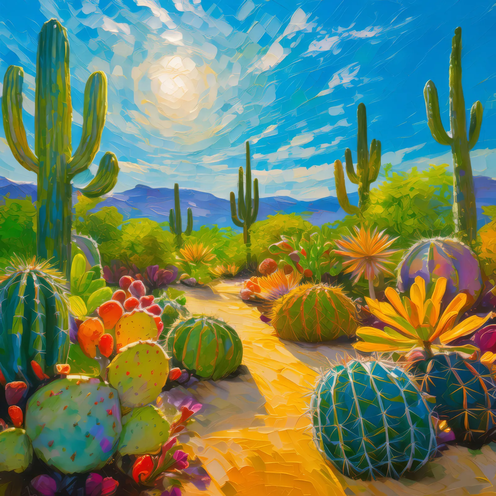 Desert Cactus Garden, a palette-knife oil landscape by Emma Mickelberg
