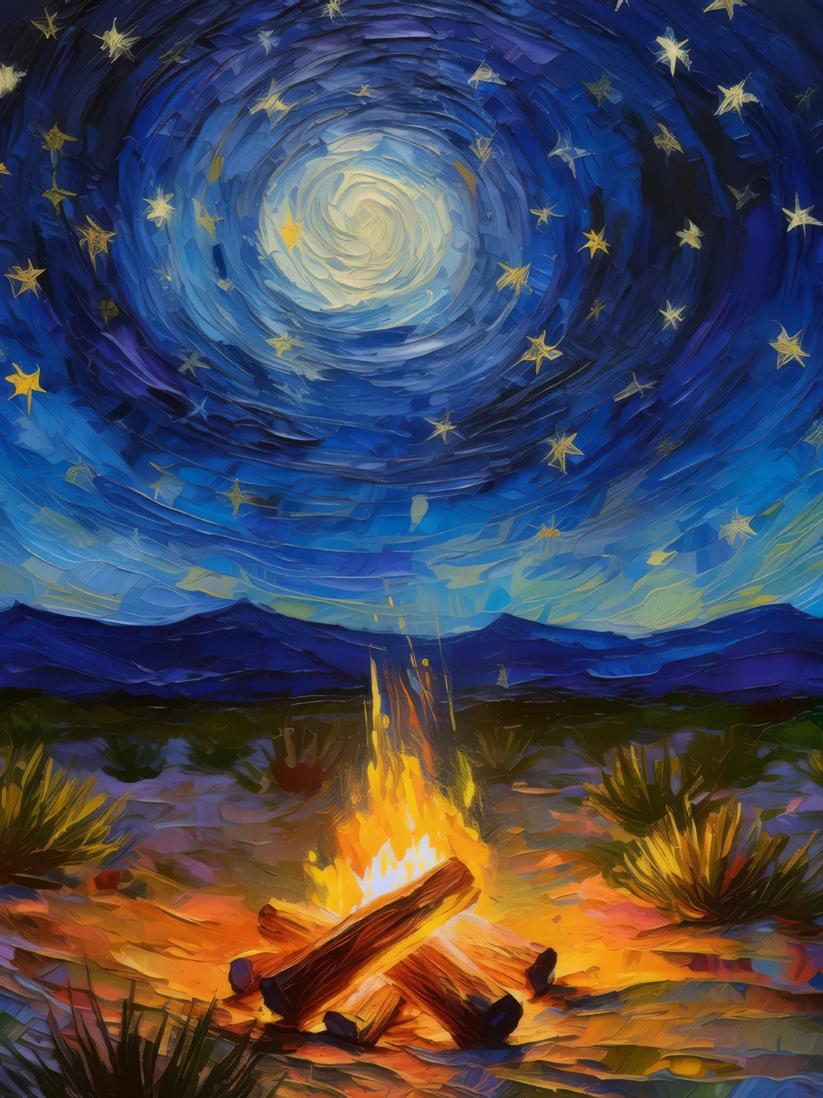 Desert Campfire, a palette-knife oil landscape by Emma Mickelberg