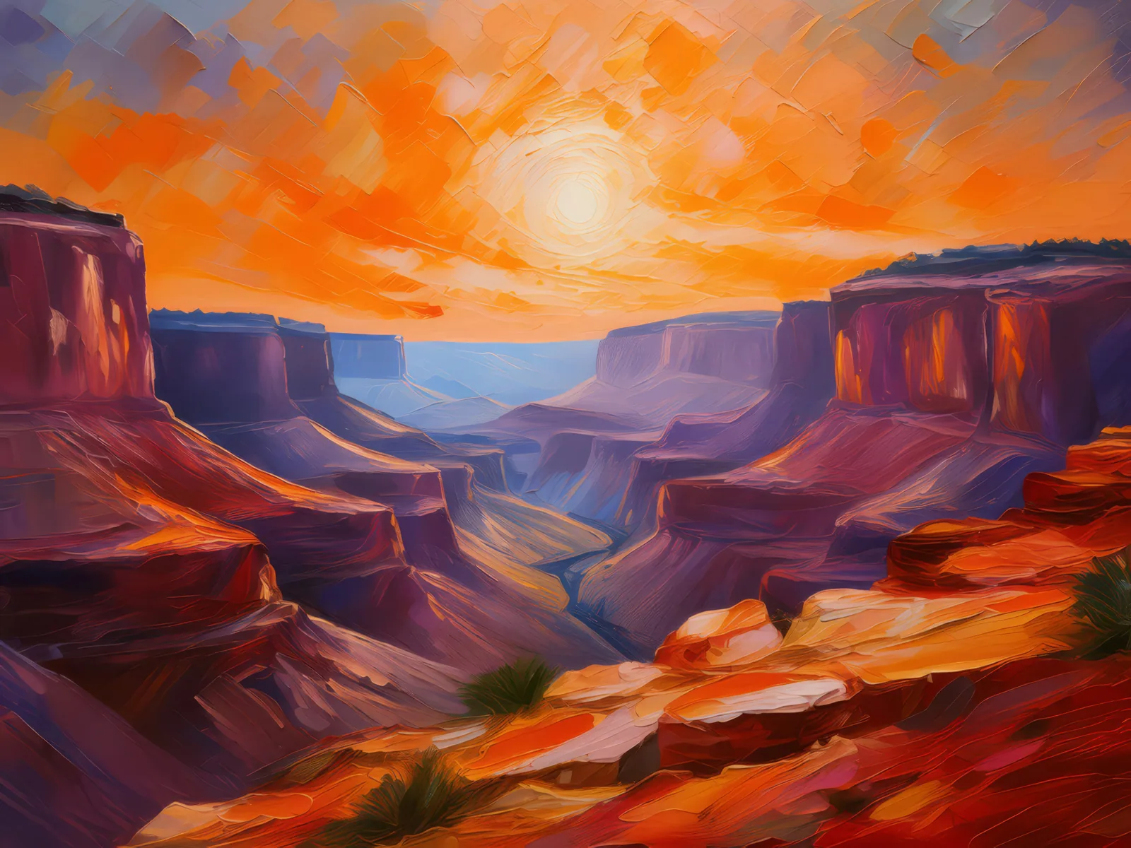 Desert Canyon at Dusk, a palette-knife oil landscape by Emma Mickelberg