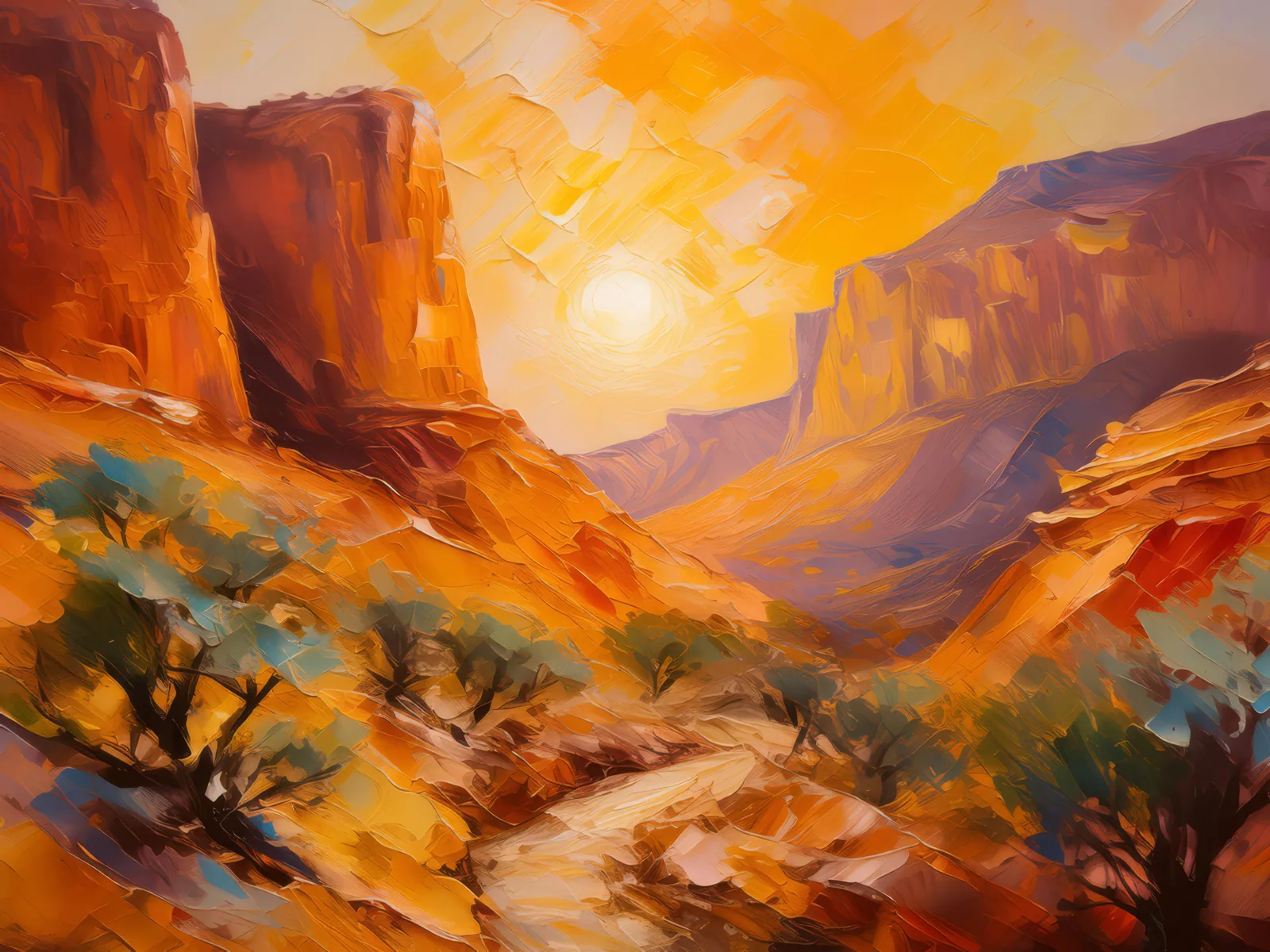 Desert Canyon Sunrise, a palette-knife oil landscape by Emma Mickelberg