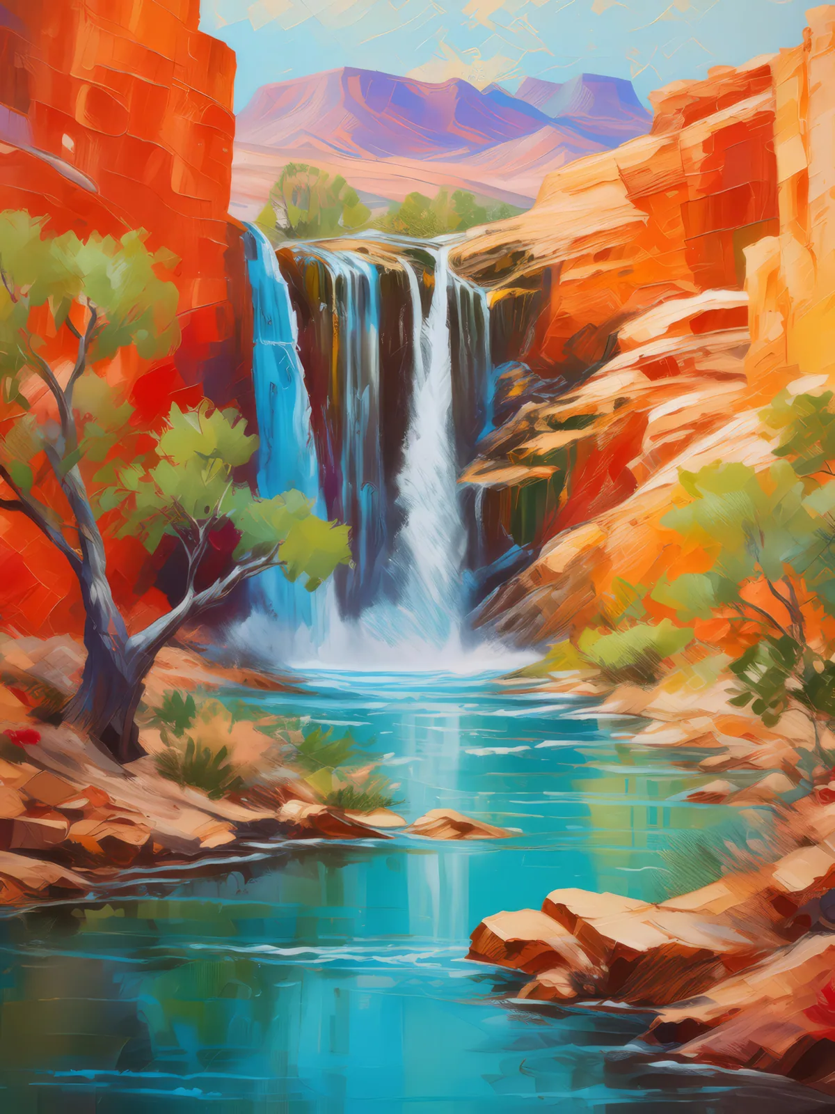 Desert Canyon Waterfall, a palette-knife oil landscape by Emma Mickelberg