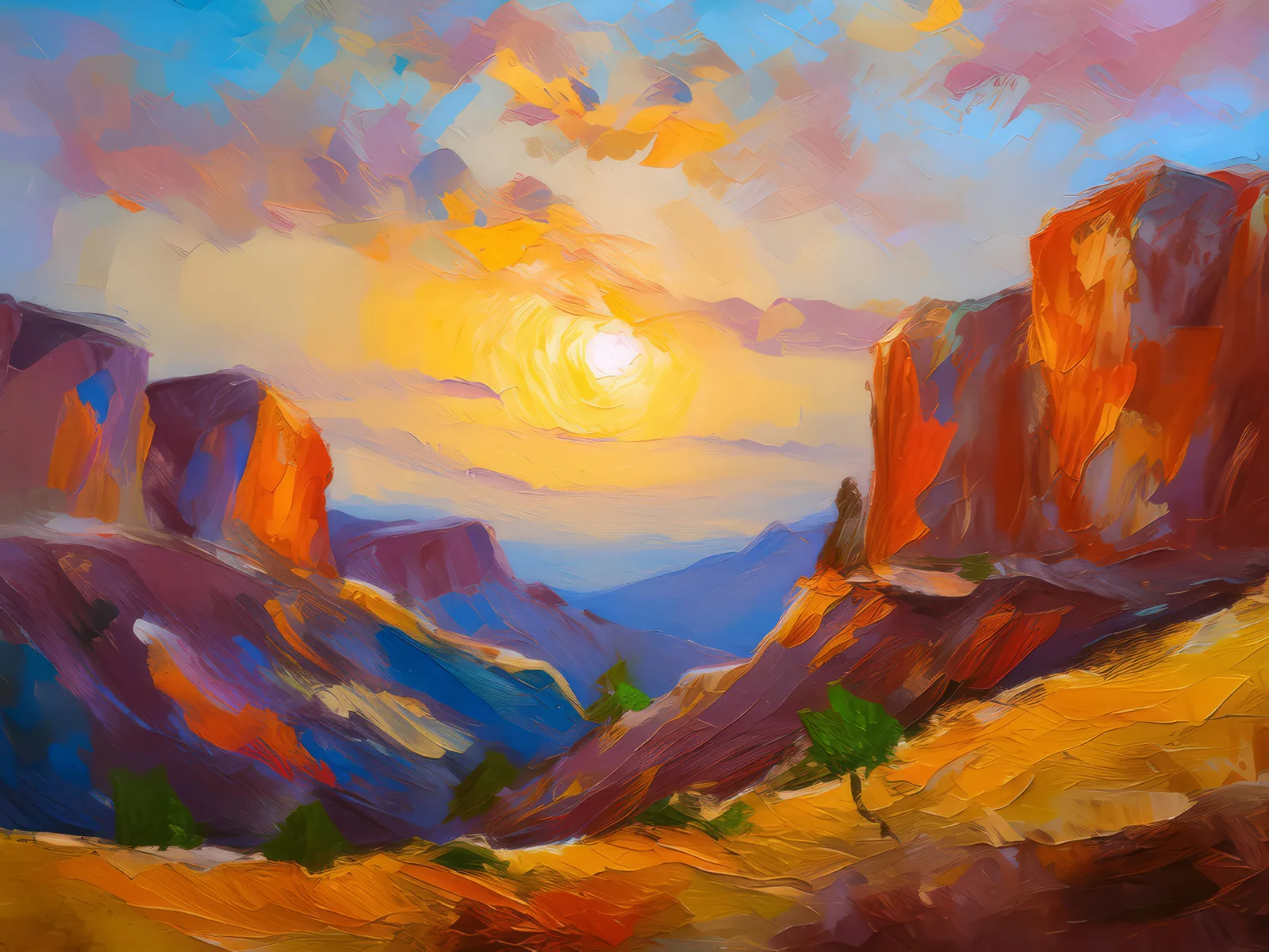 Desert Cliffs at Sunset, a palette-knife oil landscape by Emma Mickelberg