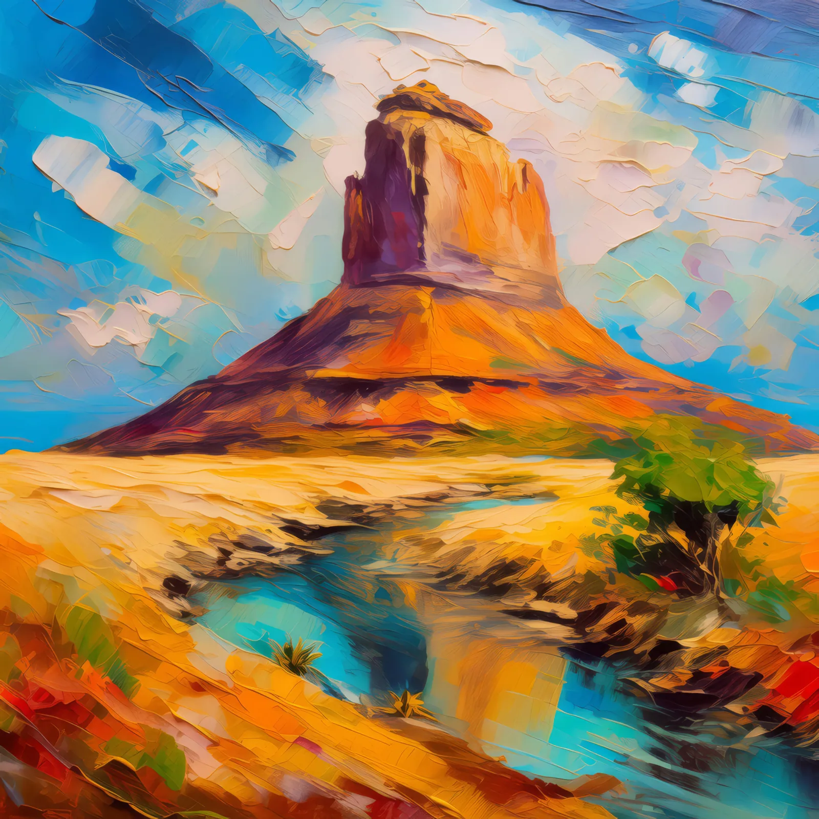 Desert Crag Oasis, a palette-knife oil landscape by Emma Mickelberg