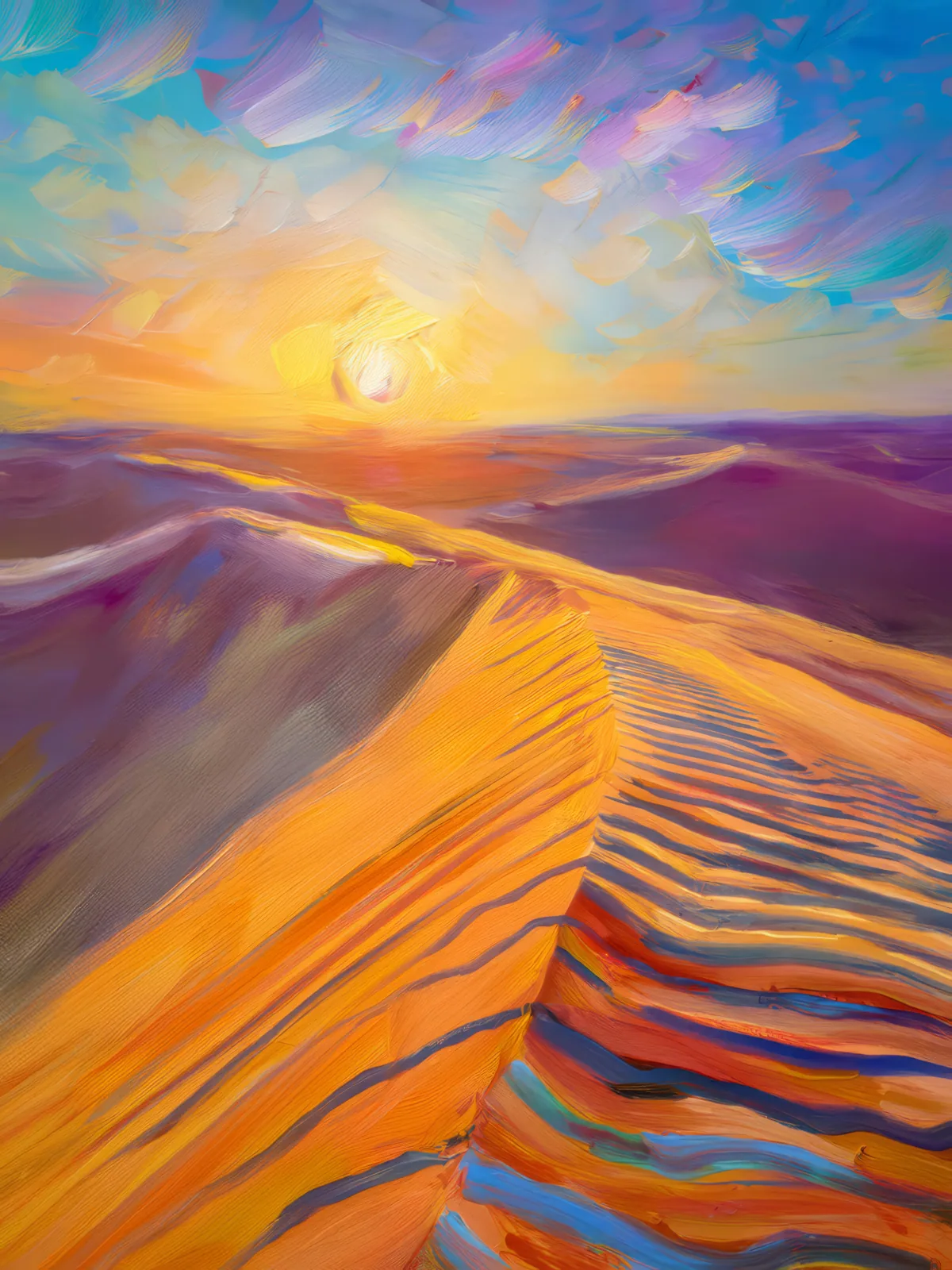 Desert Dune Sunrise, a palette-knife oil landscape by Emma Mickelberg