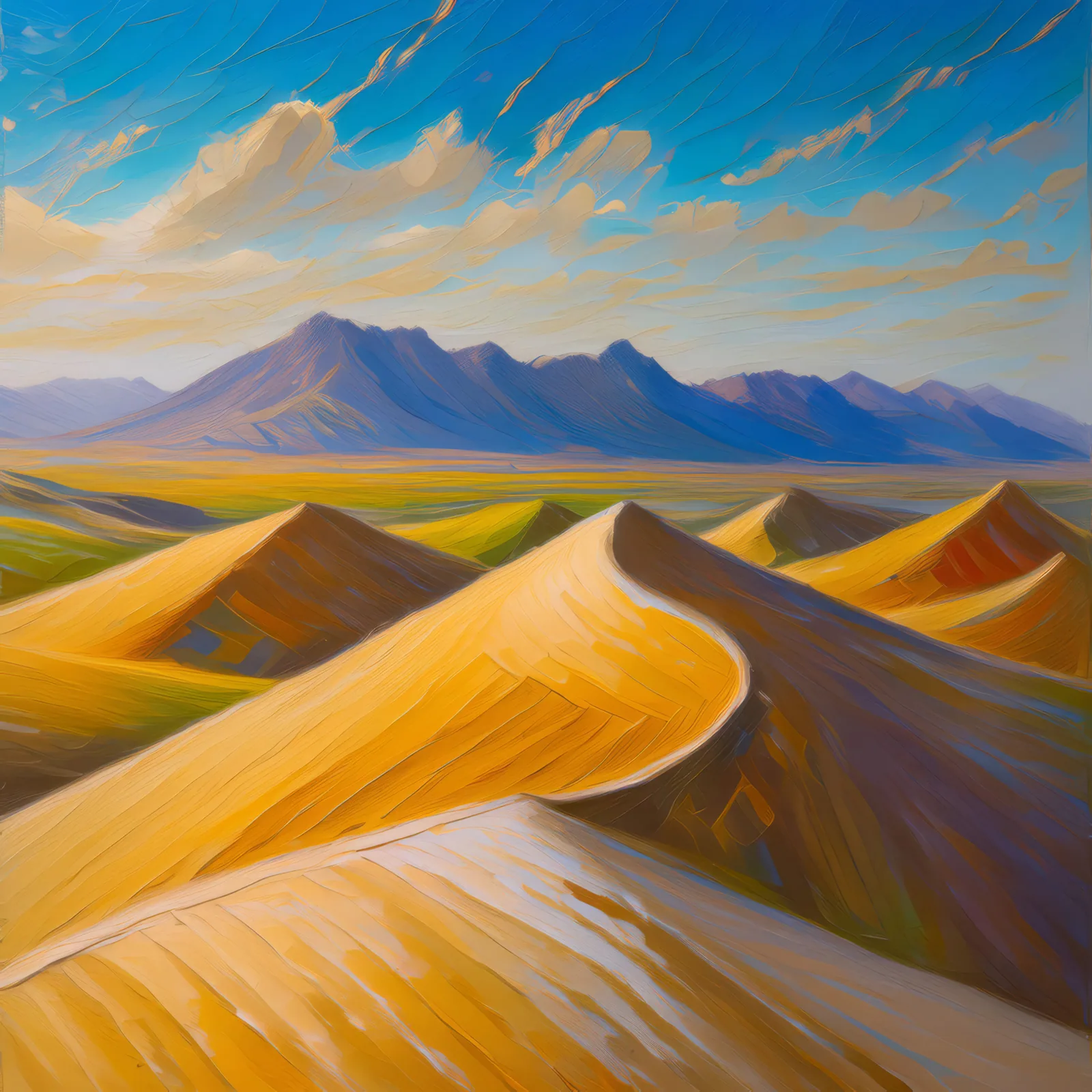 Desert Dunes and Peaks, a palette-knife oil landscape by Emma Mickelberg