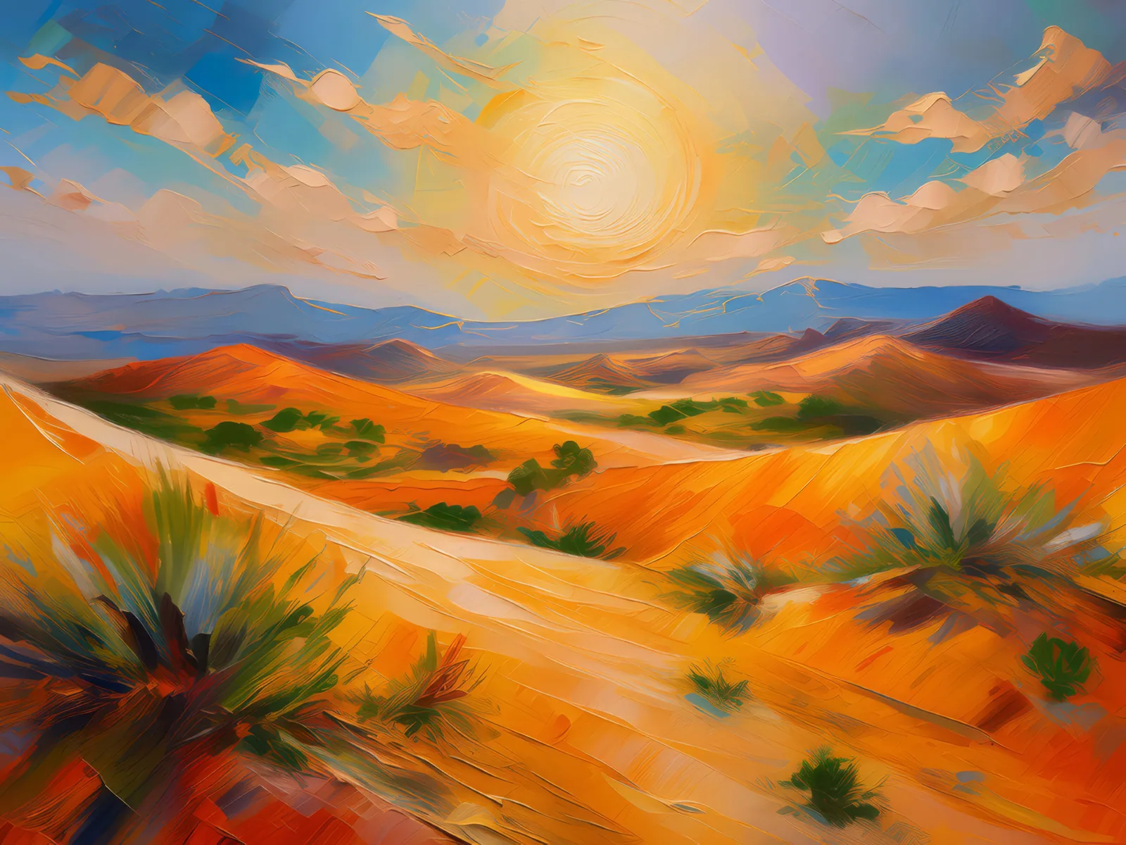 Desert Dunes at High Noon, a palette-knife oil landscape by Emma Mickelberg