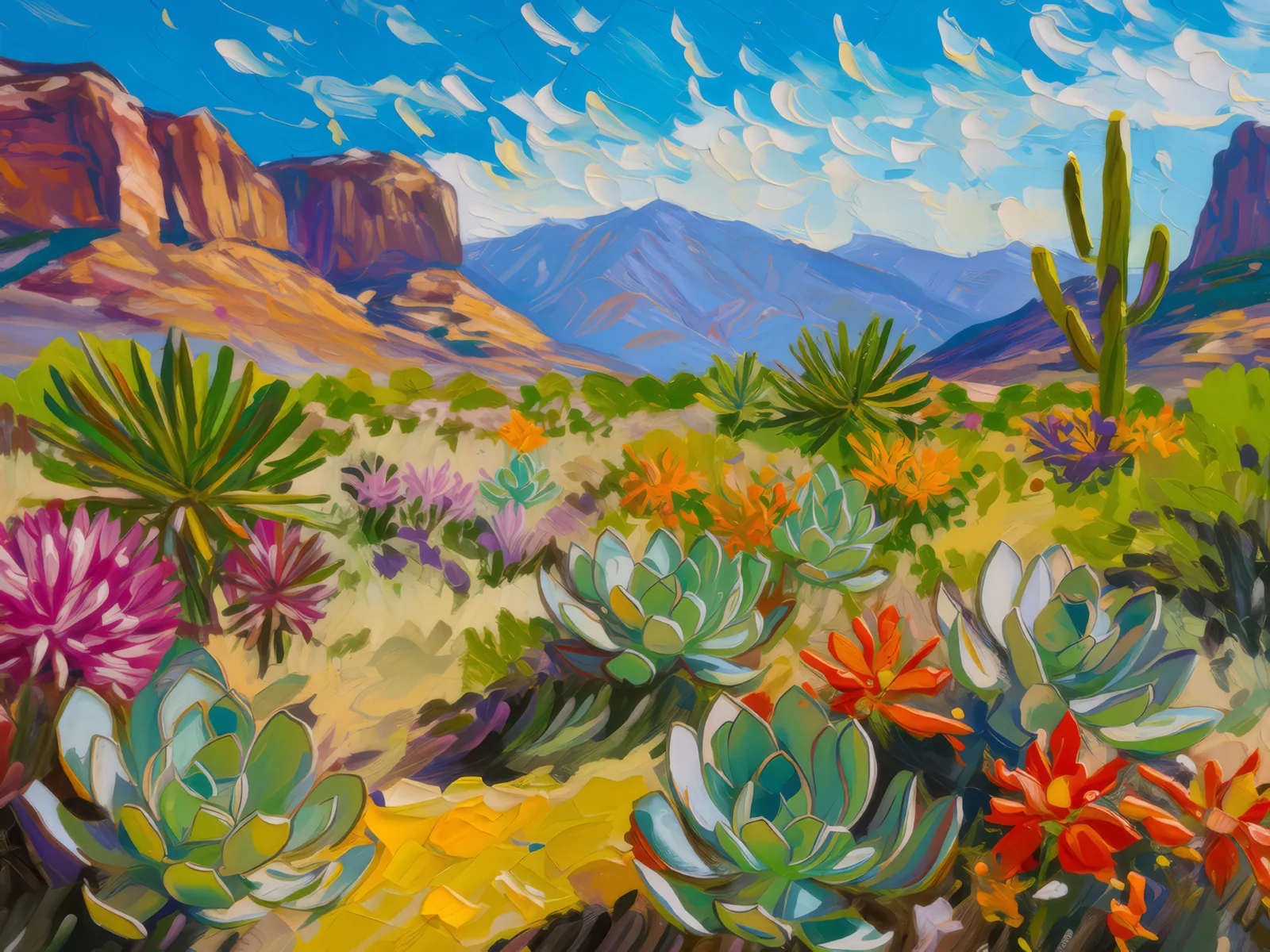 Desert Flora and Peaks, a palette-knife oil landscape by Emma Mickelberg